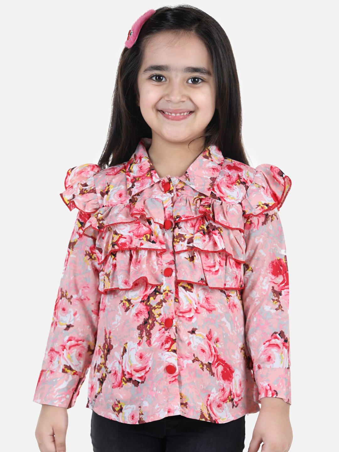 

Cutiekins Girls Red Floral Print Ruffles Crepe Shirt Style Top