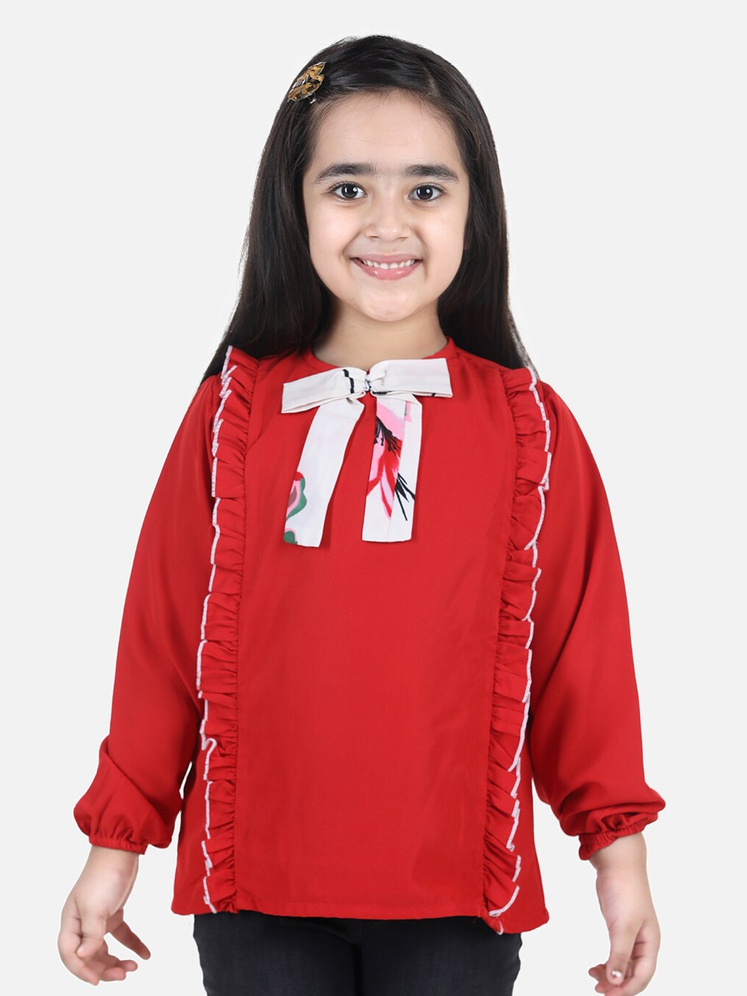 

Cutiekins Girls Red Ruffled Crepe Top With Bow