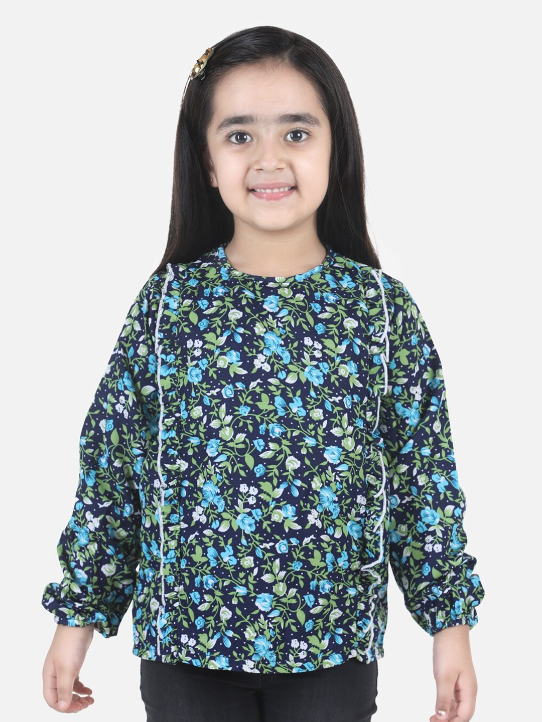 

Cutiekins Girls Blue Floral Print Ruffles Crepe Top