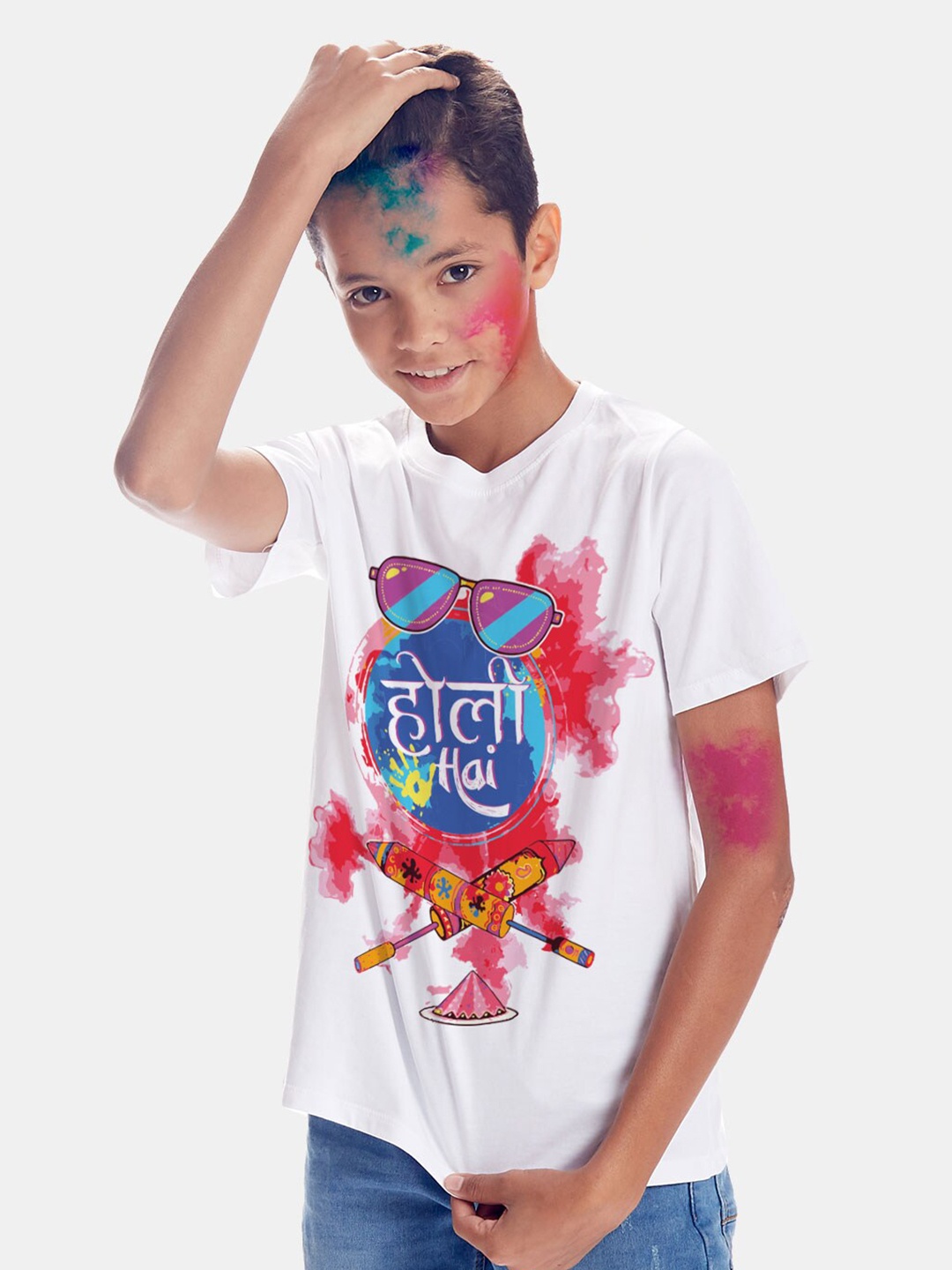 

BONKIDS Boys White Printed Holi Hai Holi Cotton Printed T-shirt