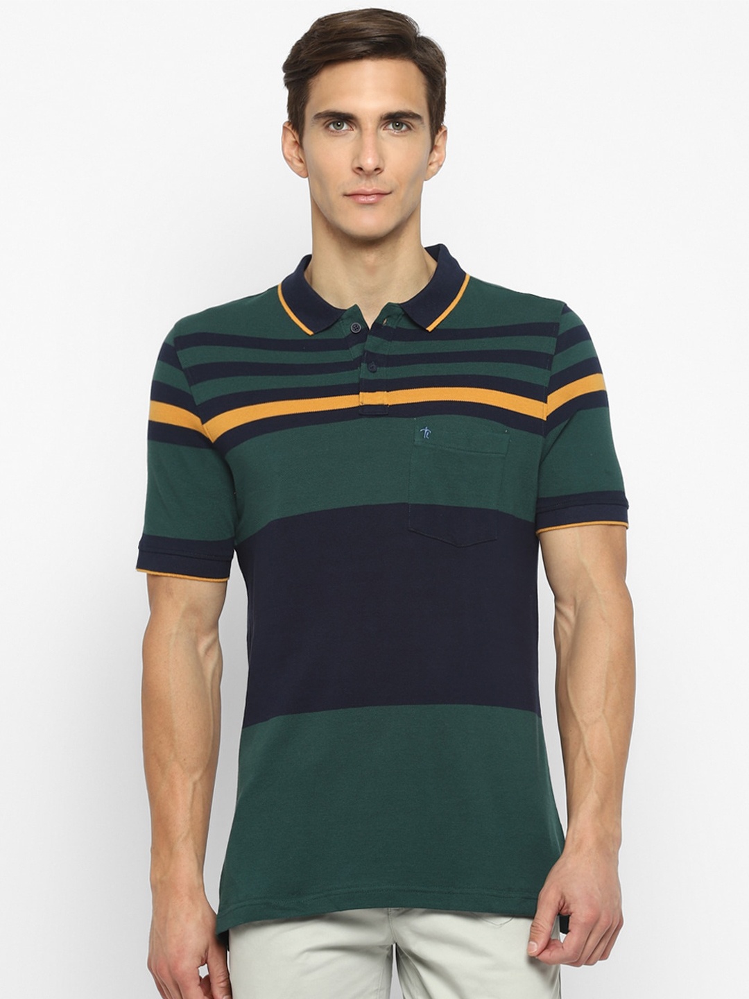 

Turtle Men Green & Navy Blue Striped Polo Collar Cotton T-shirt