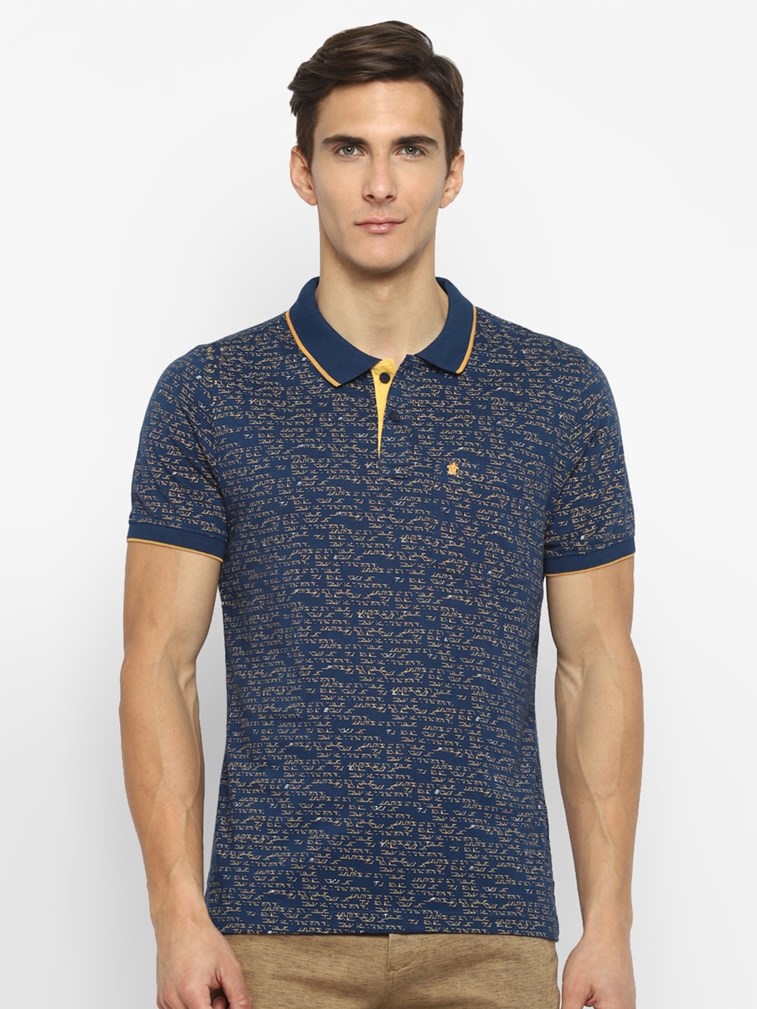 

Turtle Men Navy Blue Printed Polo Collar Cotton Pockets Slim Fit T-shirt