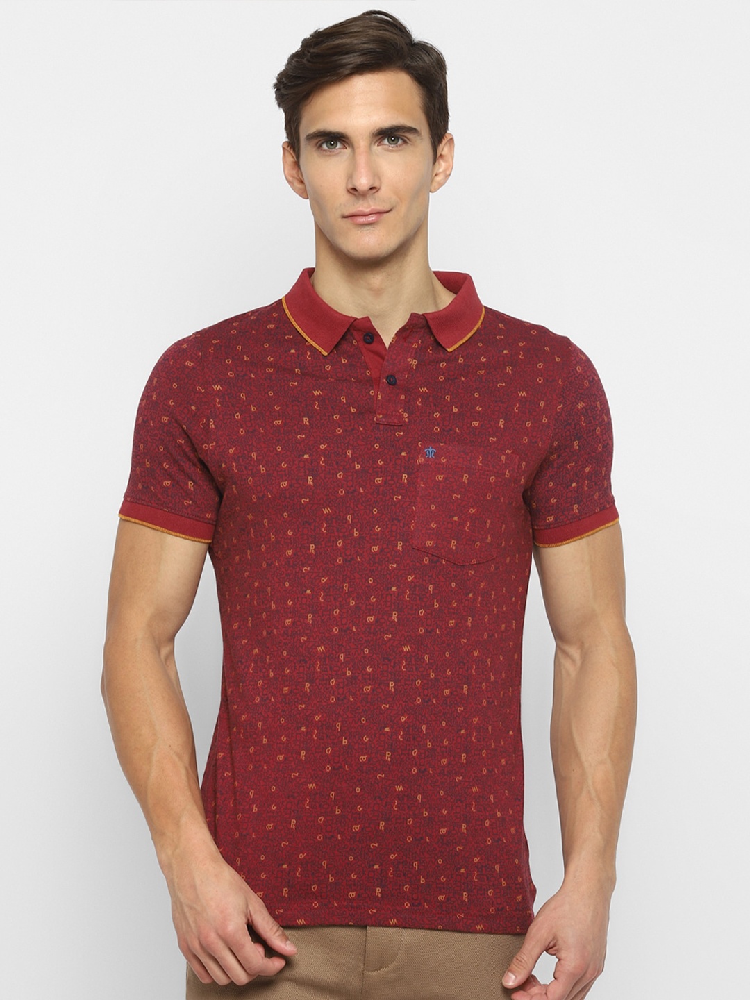 

Turtle Men Maroon Cotton Printed Polo Collar Slim Fit T-shirt