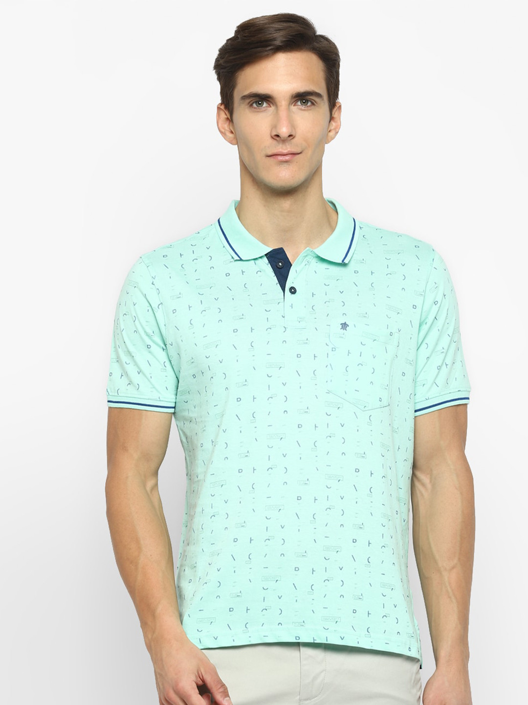 

Turtle Men Green & Blue Printed Polo Collar Cotton T-shirt