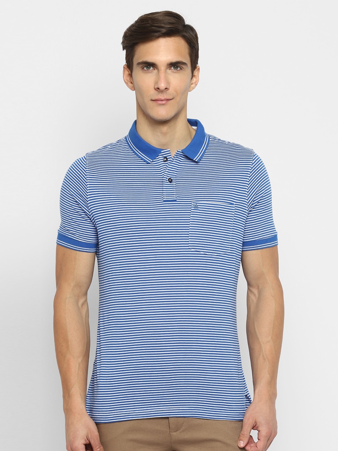 

Turtle Men White & Blue Striped Polo Collar Pockets Slim Fit T-shirt