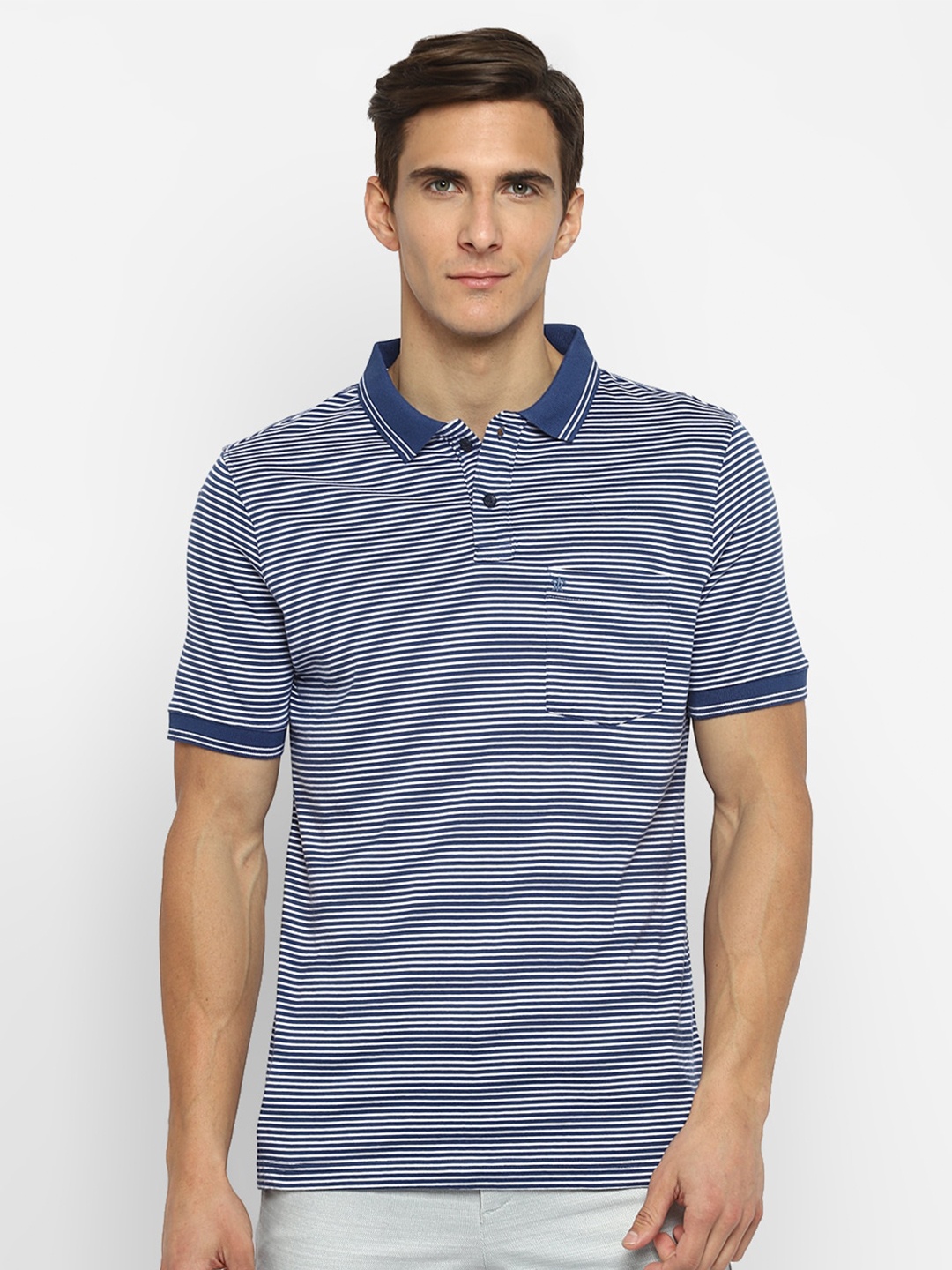 

Turtle Men White & Blue Cotton Striped Polo Collar Slim Fit T-shirt