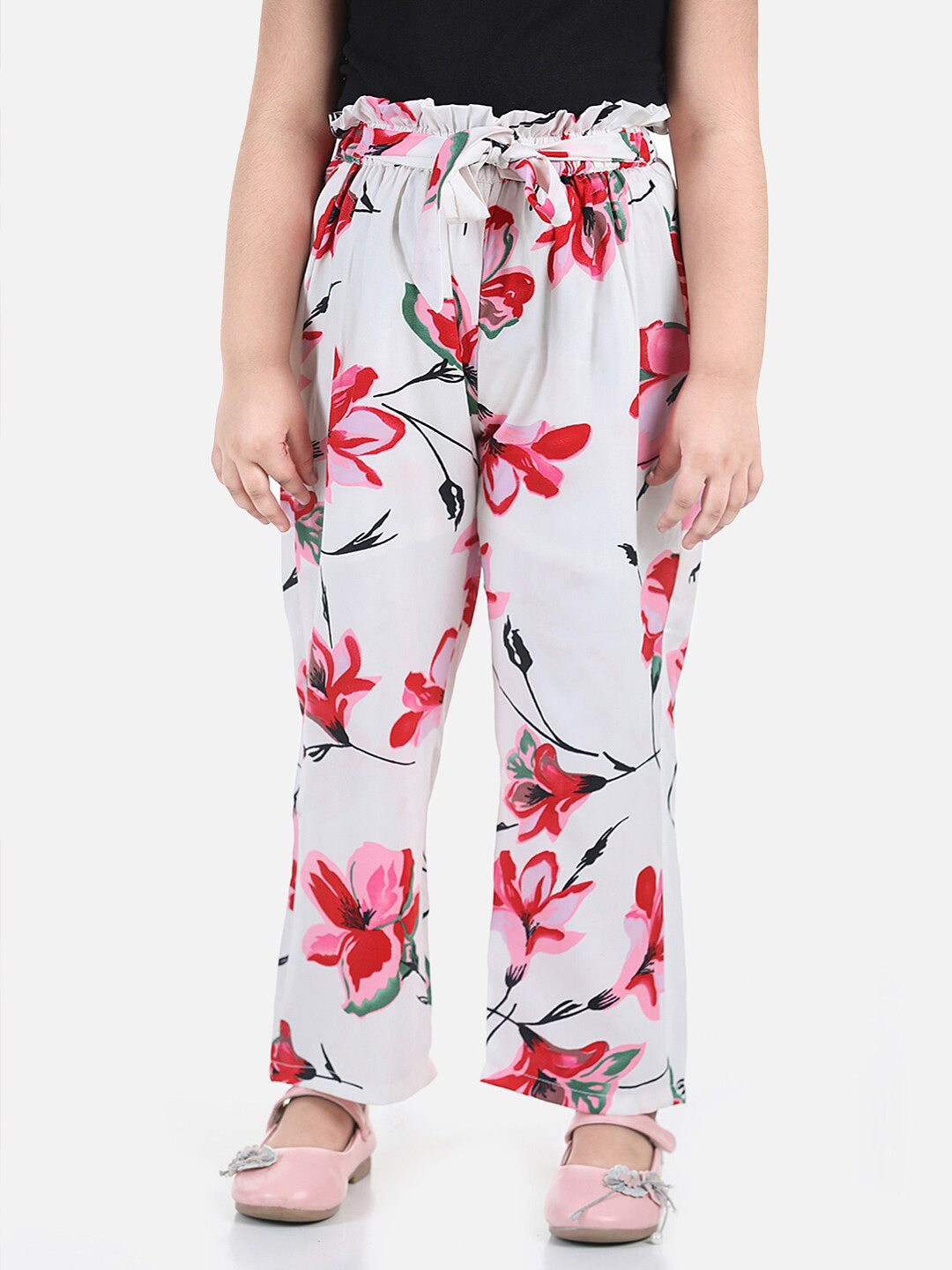 

Cutiekins Girls White & Pink Floral Printed Straight Fit Palazzo