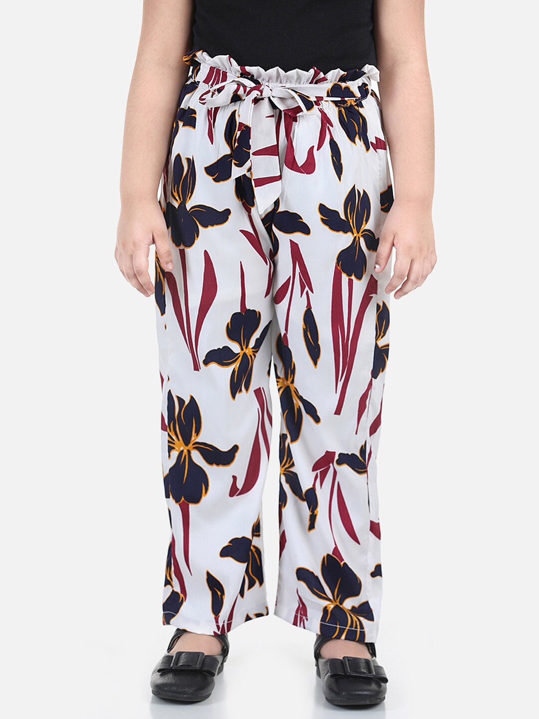 

Cutiekins Girls White & Navy Blue Floral Printed Palazzos