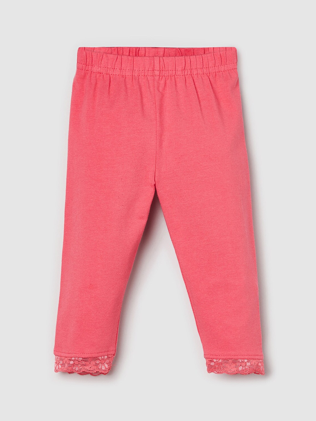 

max Girls Solid Coral Cotton Ankle Length Leggings With Laced Hem