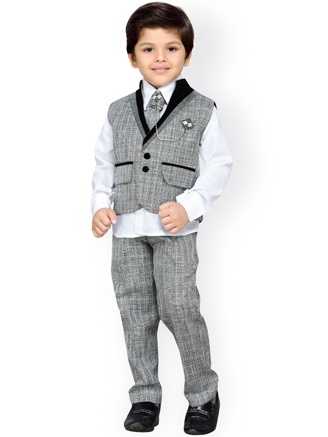 

Aj DEZInES Boys Grey & White Regular Fit Party Waistcoat Suit