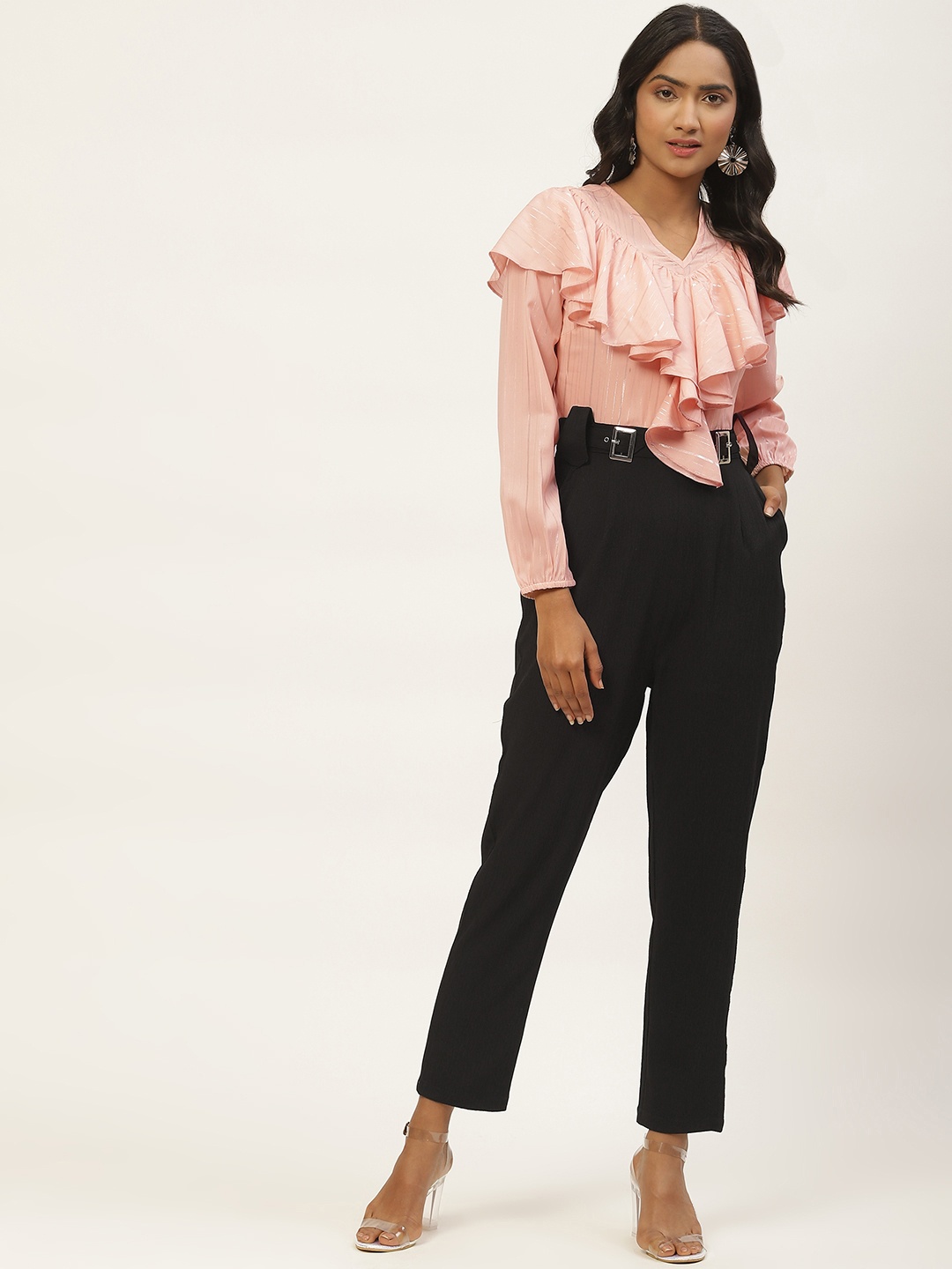 

Magnetic Designs Pink & Black Self Stripe Basic Jumpsuit with Ruffles Detail