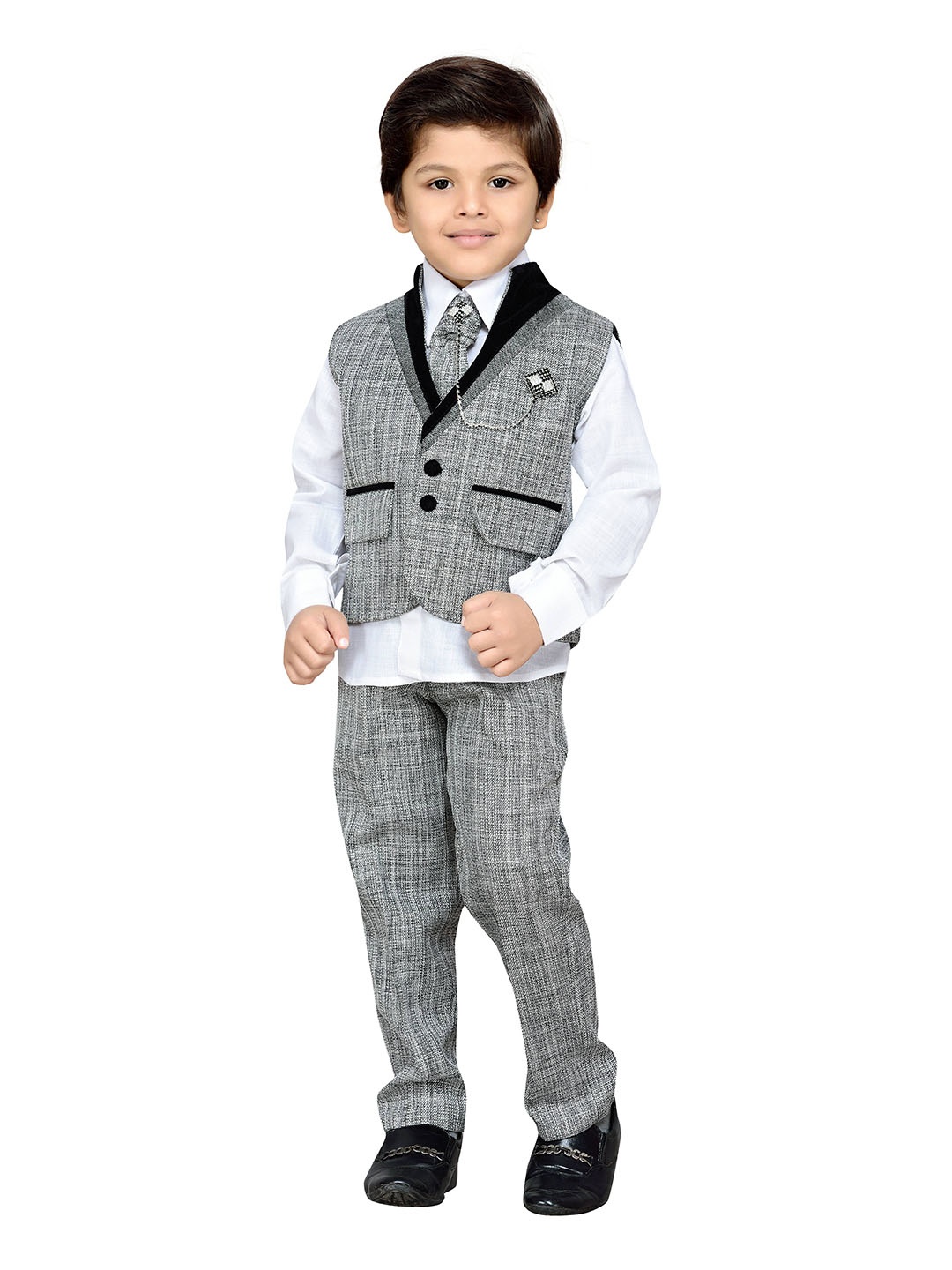 

Aj DEZInES Boys Grey & White Regular Fit Party Waistcoat Suit