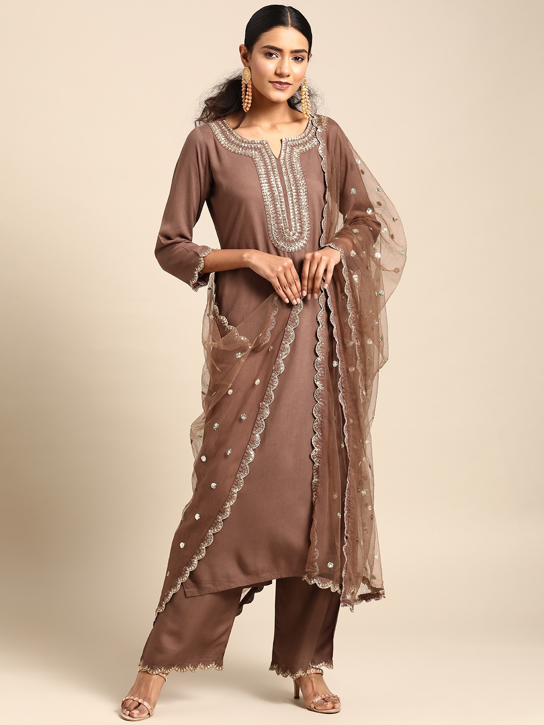 

Nayo Women Taupe Ethnic Motifs Embroidered Thread Work Kurta Set With Palazzos & Dupatta