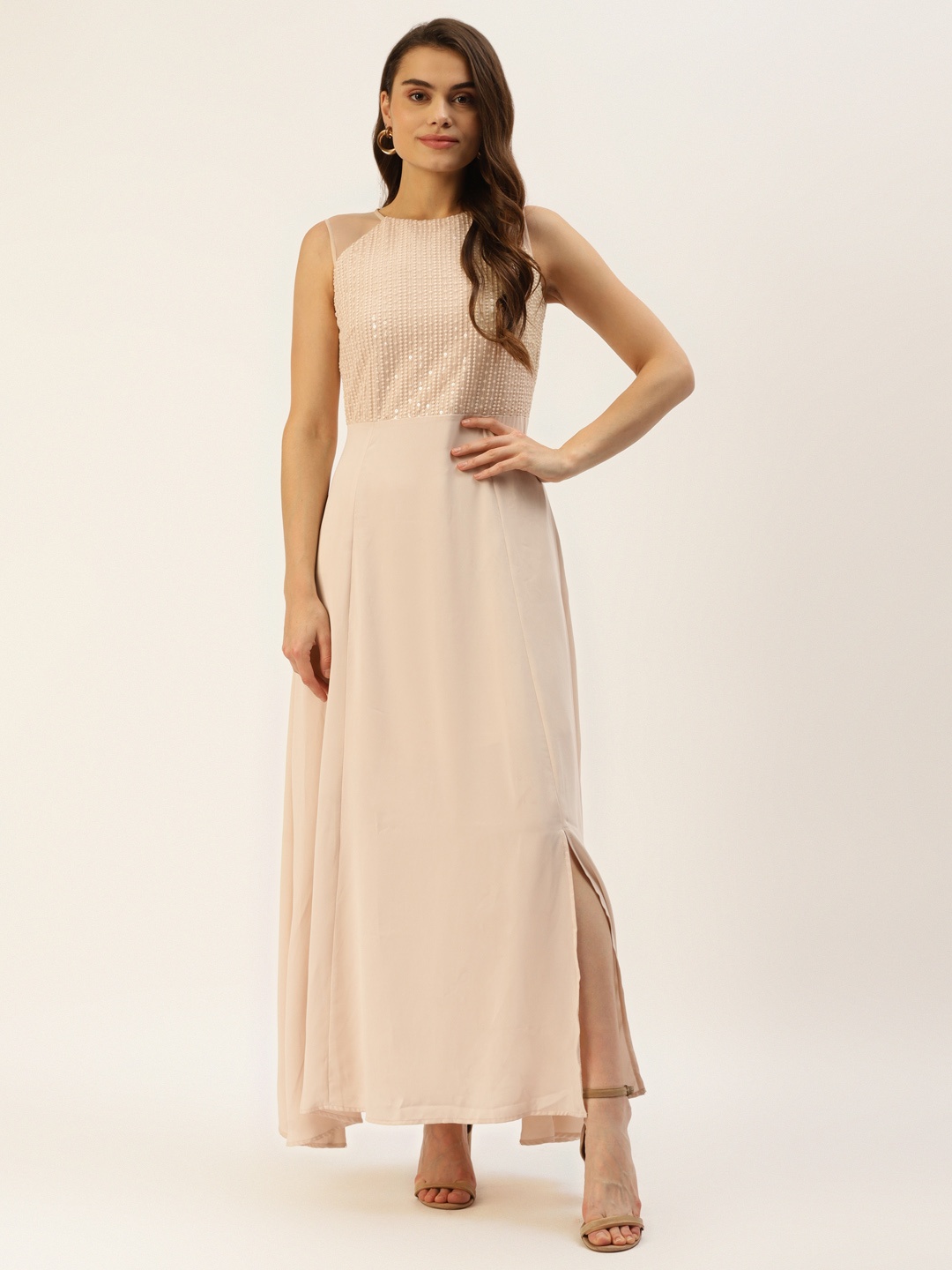 

Madame Women Beige Solid Maxi Dress With Embroidered Detail