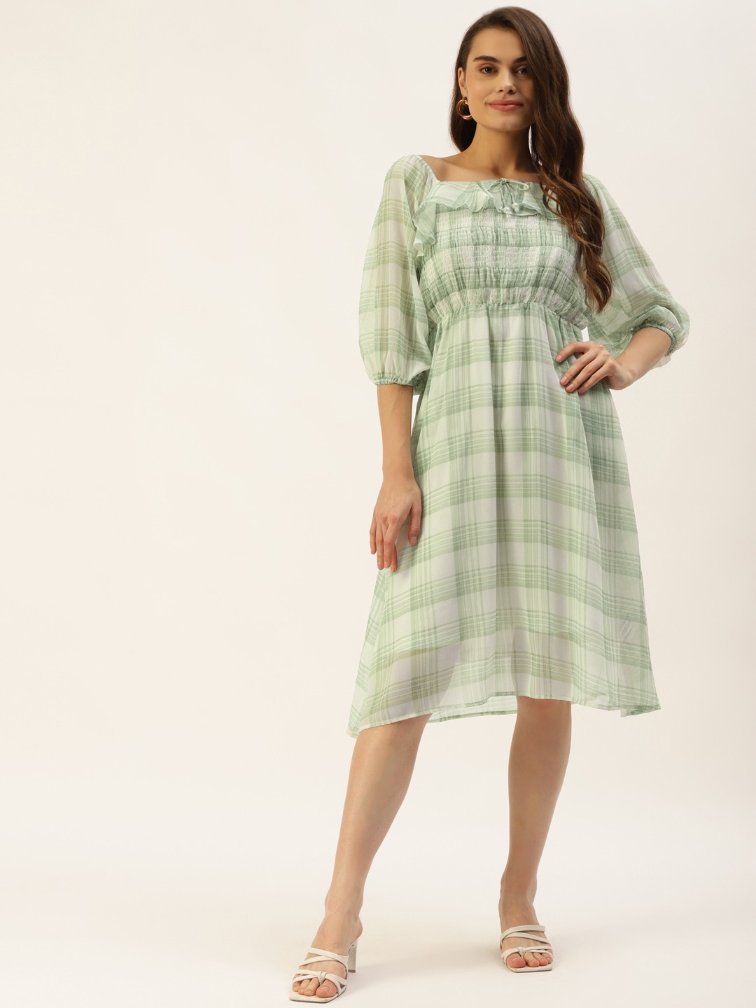

Madame Women Green & White Checked A-Line Midi Dress With Smocked Detail