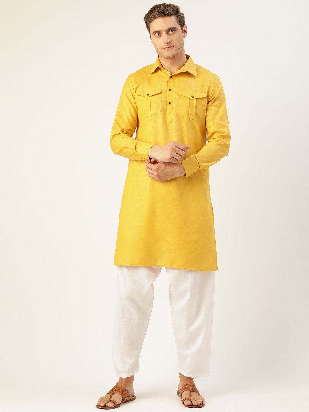 

Molly & Michel Men Mustard Yellow Solid Pathani Pure Cotton Kurta with Salwar