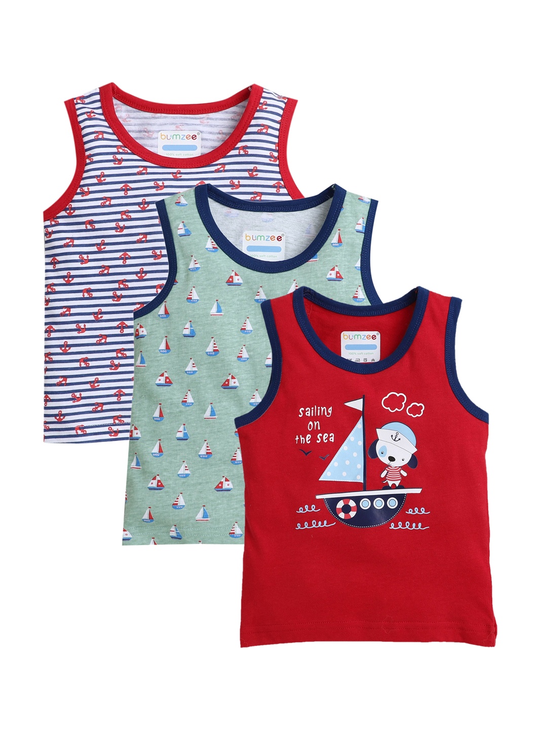 

BUMZEE Boys Pack Of 3 Red & Green Pure Cotton Sleeveless Vests