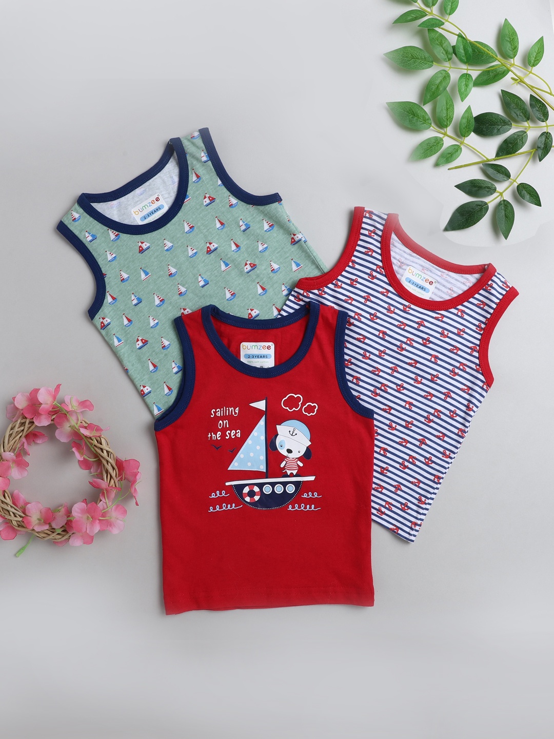 

BUMZEE Boys Pack Of 3 Red & Blue Printed Cotton Innerwear Vest