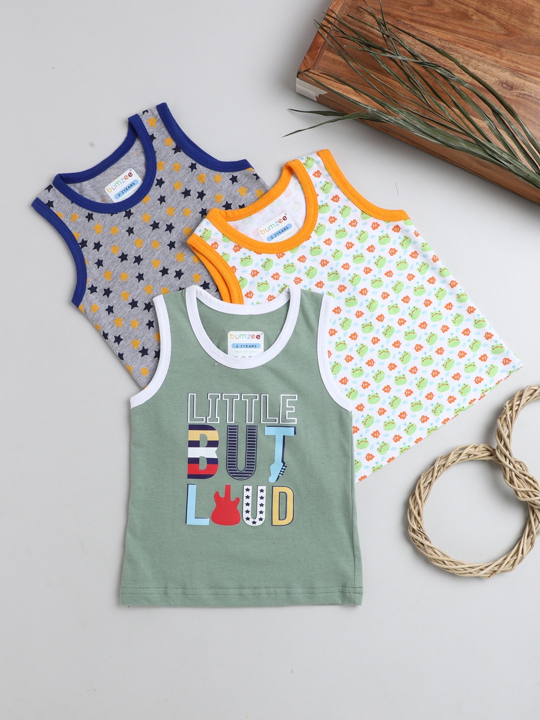 

BUMZEE Boys Pack Of 3 Green & White Sleeveless Vest