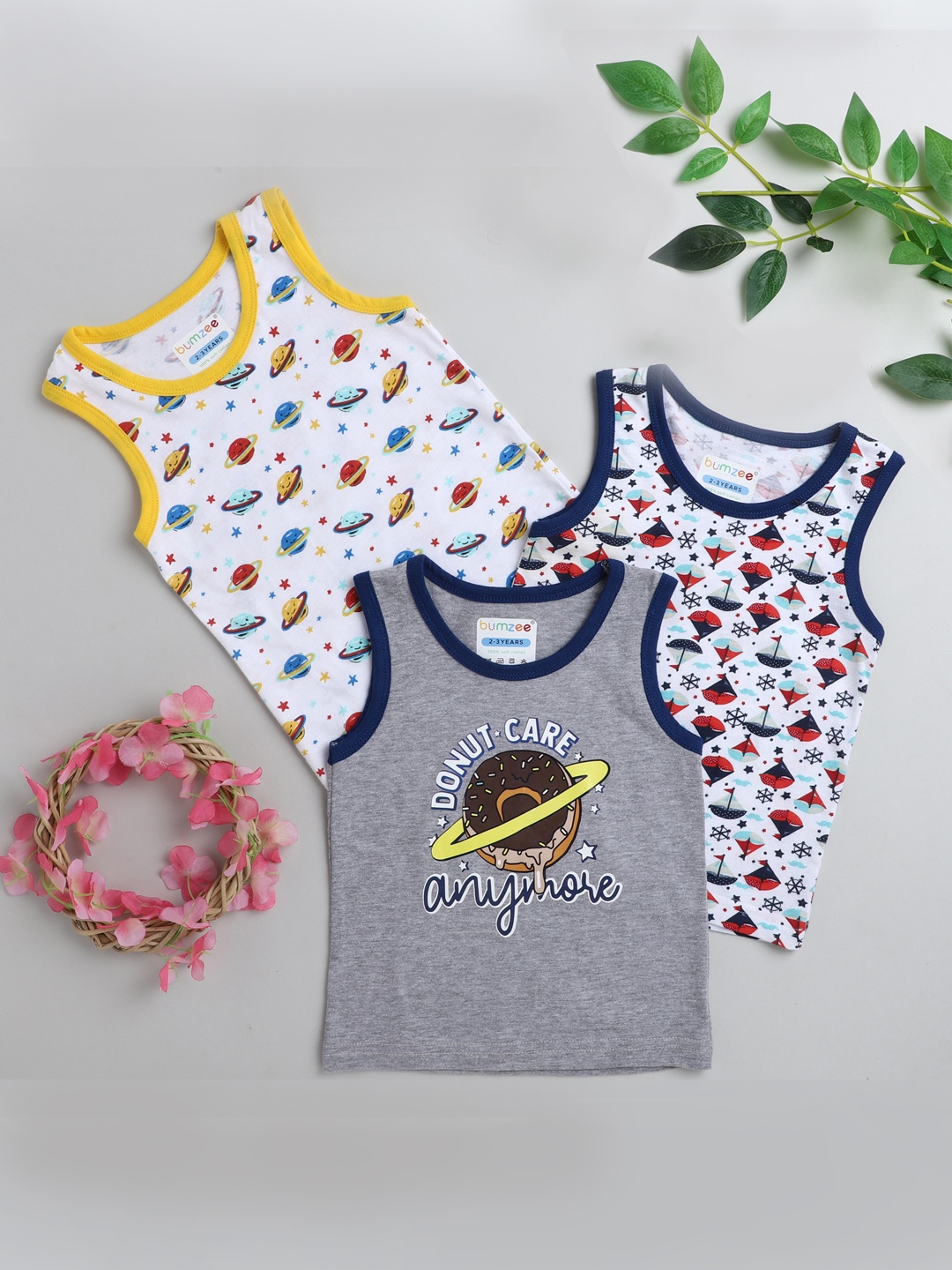 

BUMZEE Infant Boys Set of 3 Printed Cotton Innerwear Vests, Grey