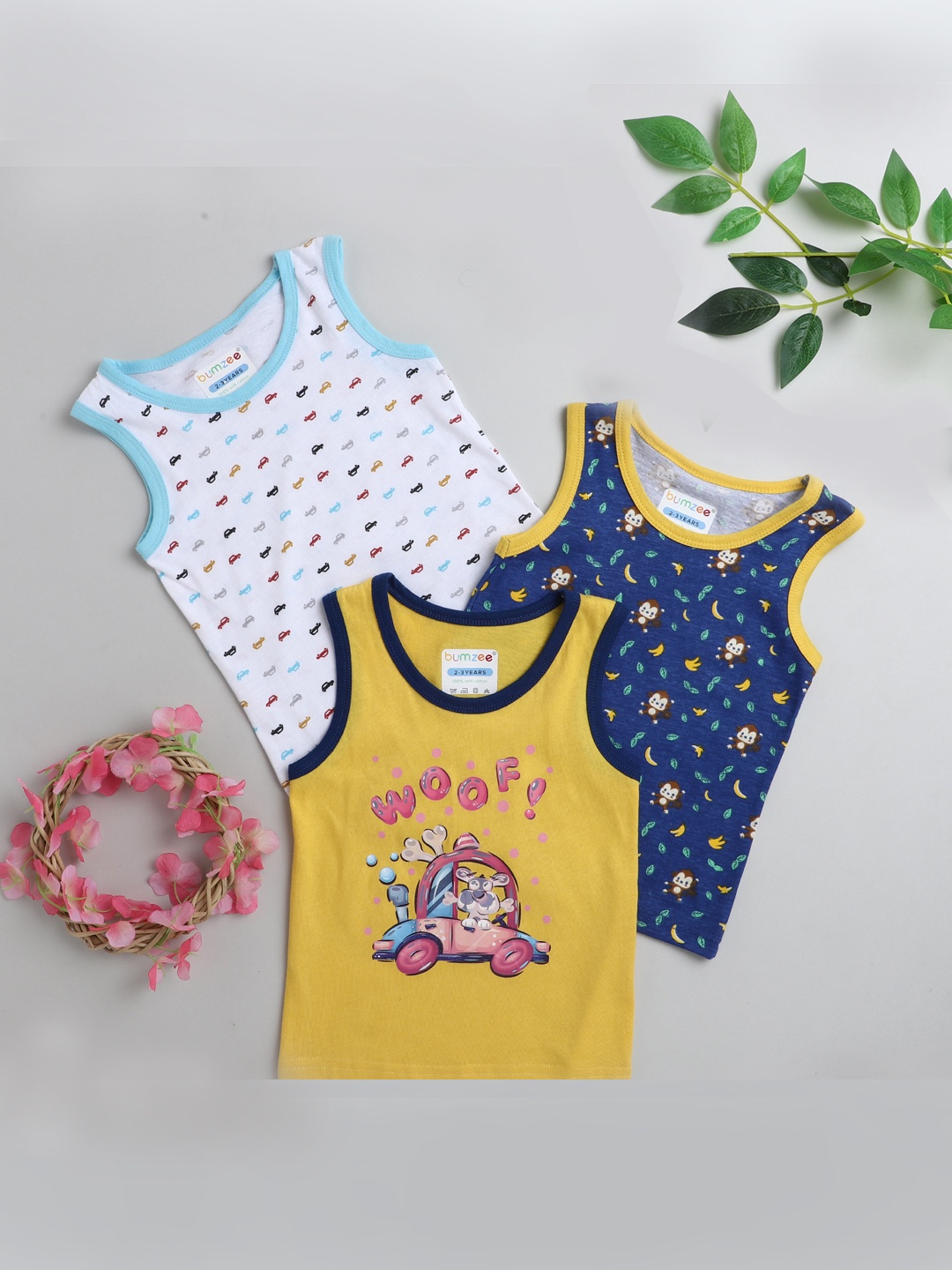 

BUMZEE Infant Boys Pack of 3 Sleeveless Pure Cotton Innerwear Vests, Yellow