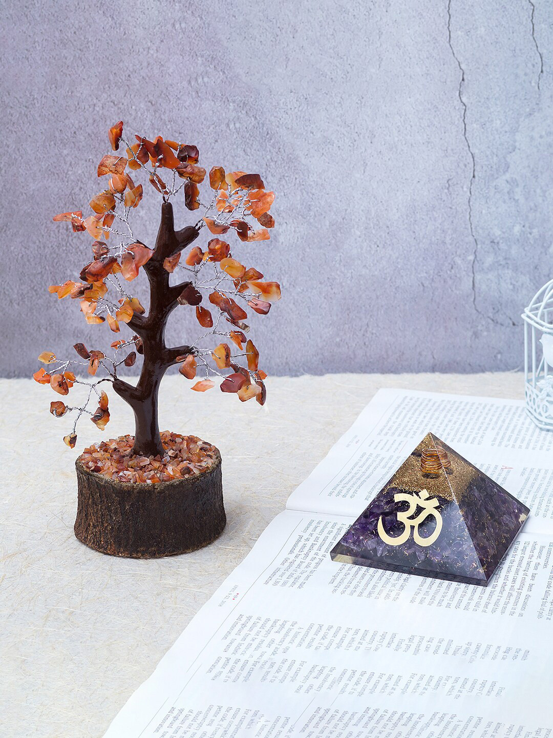 

Golden Peacock Brown Crystal Stone-Studded Wish Tree With Om Healing Stone Pyramid