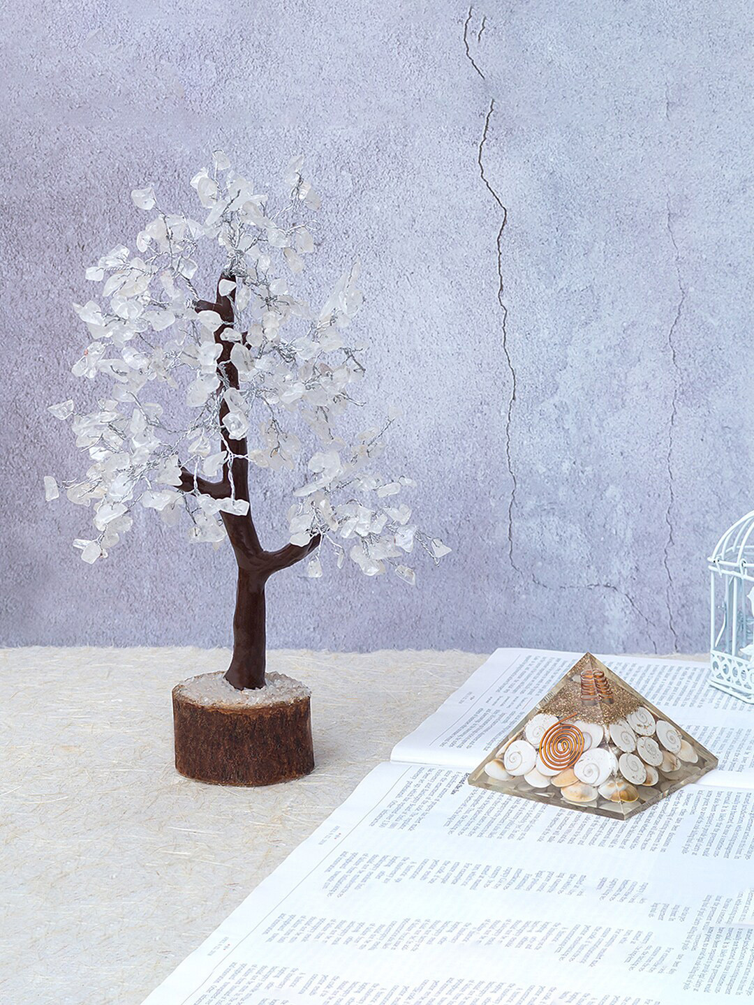 

Golden Peacock White Crystal Wish Tree With Gomti Chakra Pyramid Prism