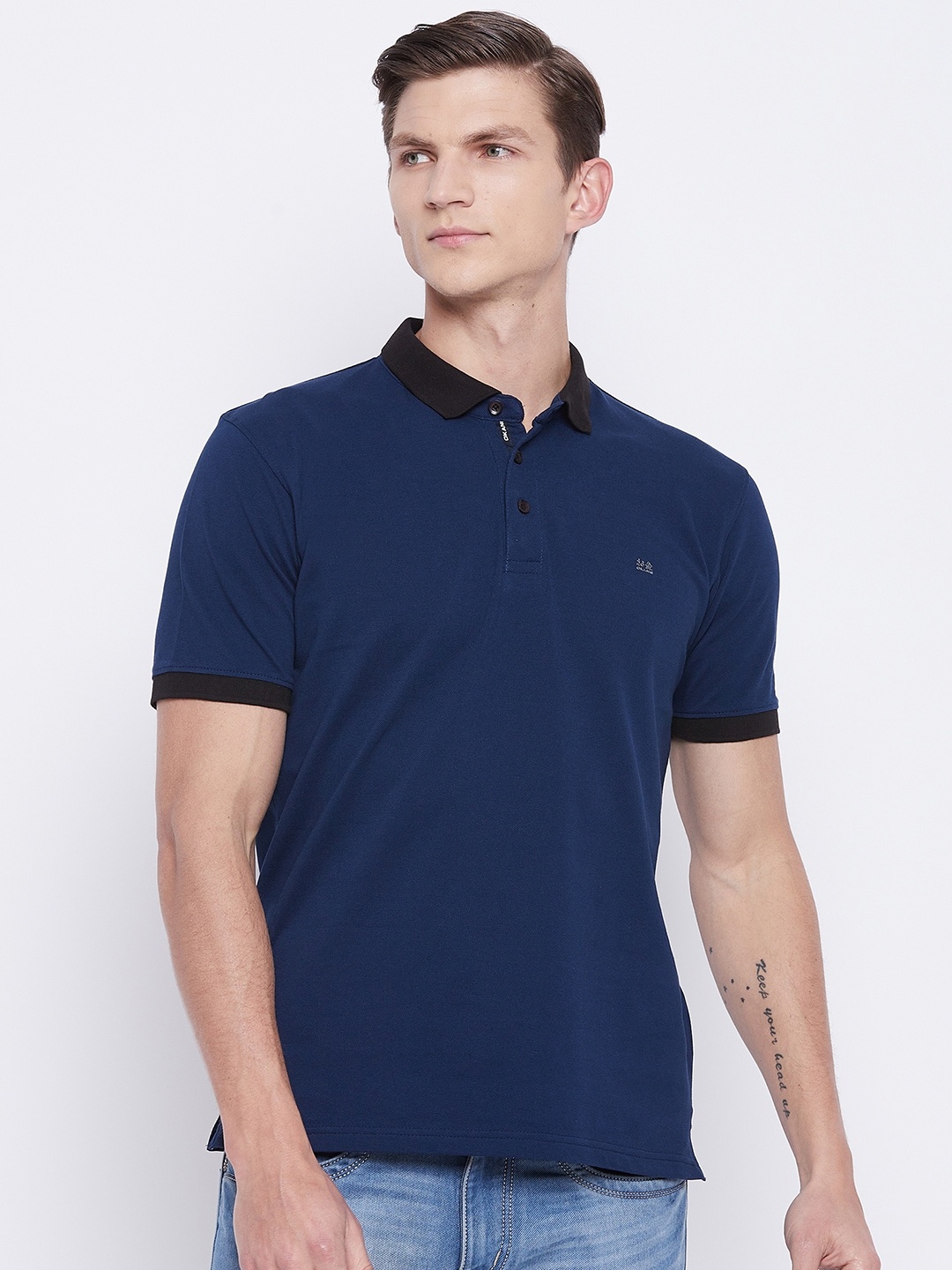 

Okane Men Navy Blue Cotton Mandarin Collar T-shirt