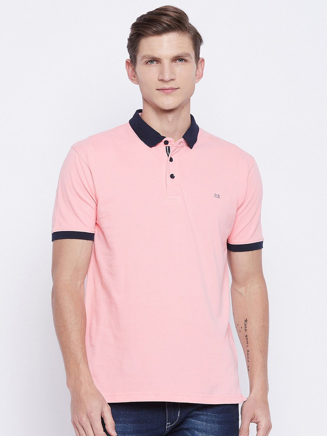 

Okane Men Solid Pink Cotton Regular Fit Polo Collar T-shirt