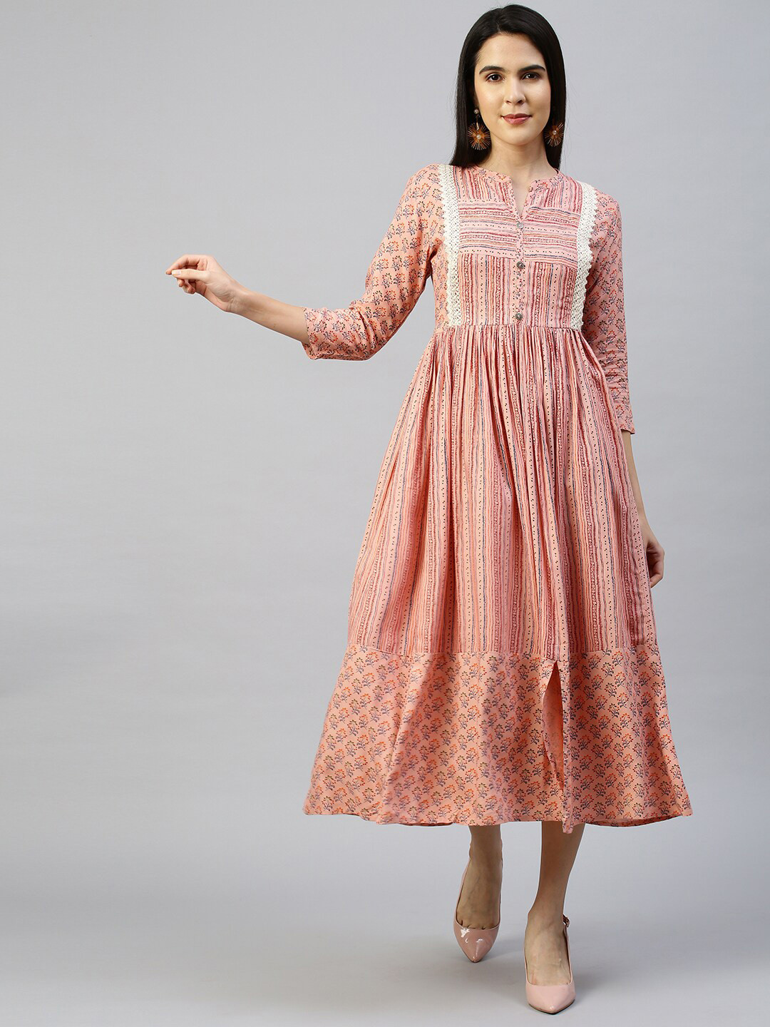 

FASHOR Peach-Coloured Ethnic Motifs A-Line Midi Dress
