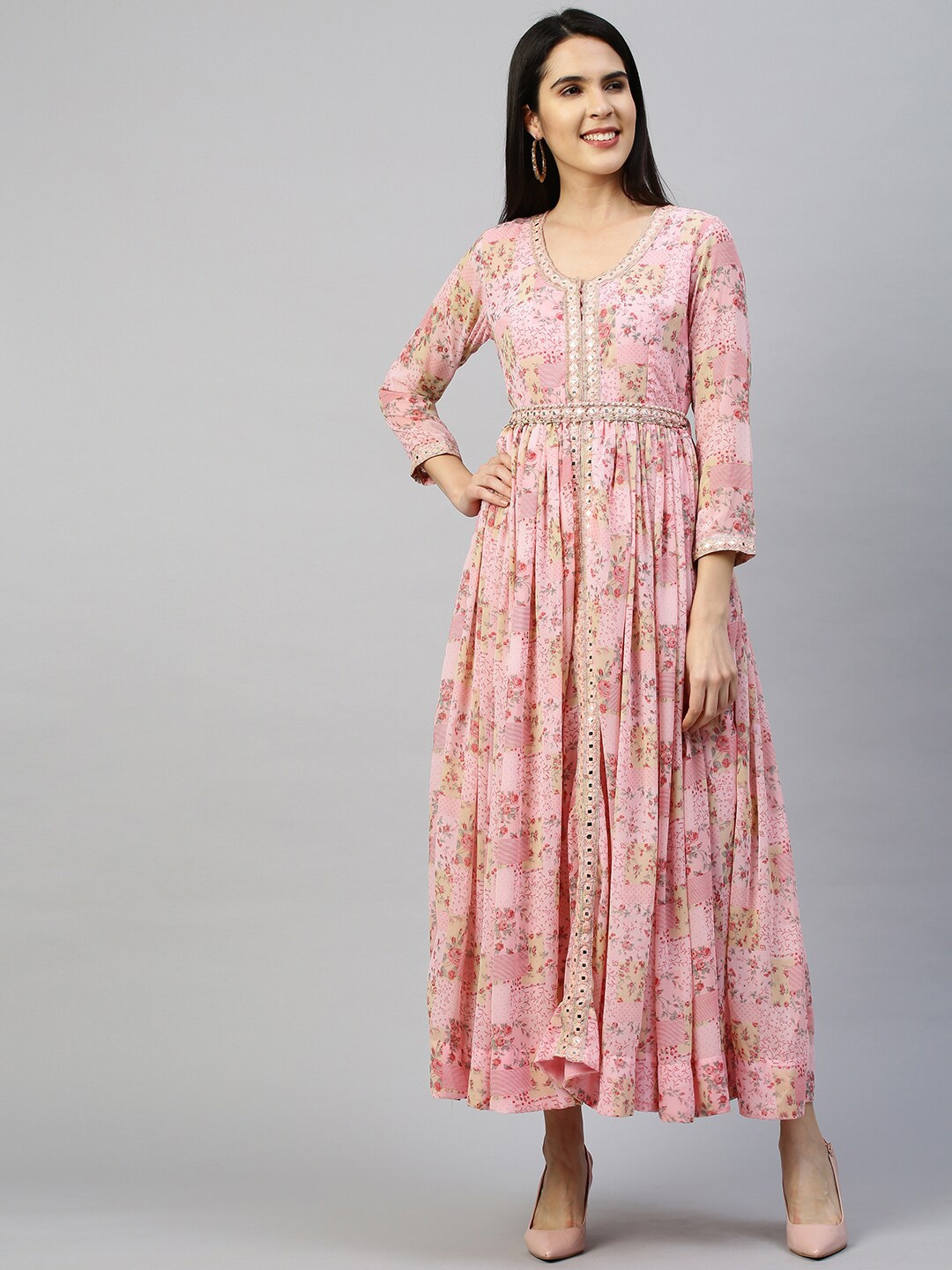 

FASHOR Women Pink & Beige Floral V-neck Empire Dress