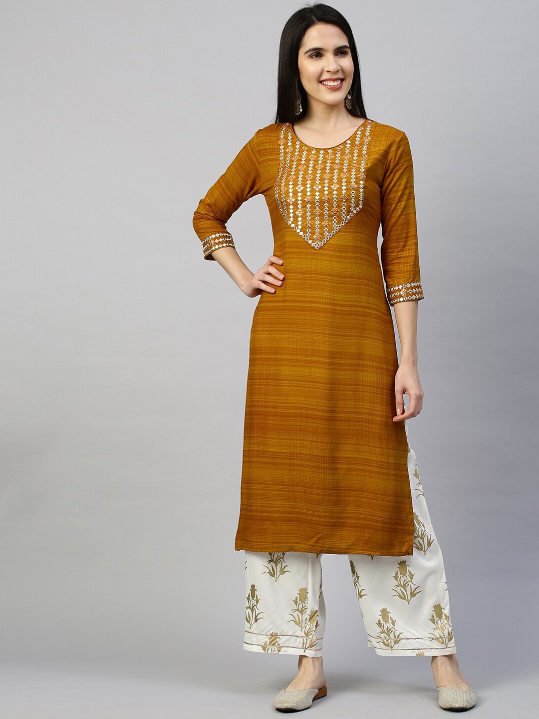 

FASHOR Women Mustard Yellow Striped Thread Work Kurta