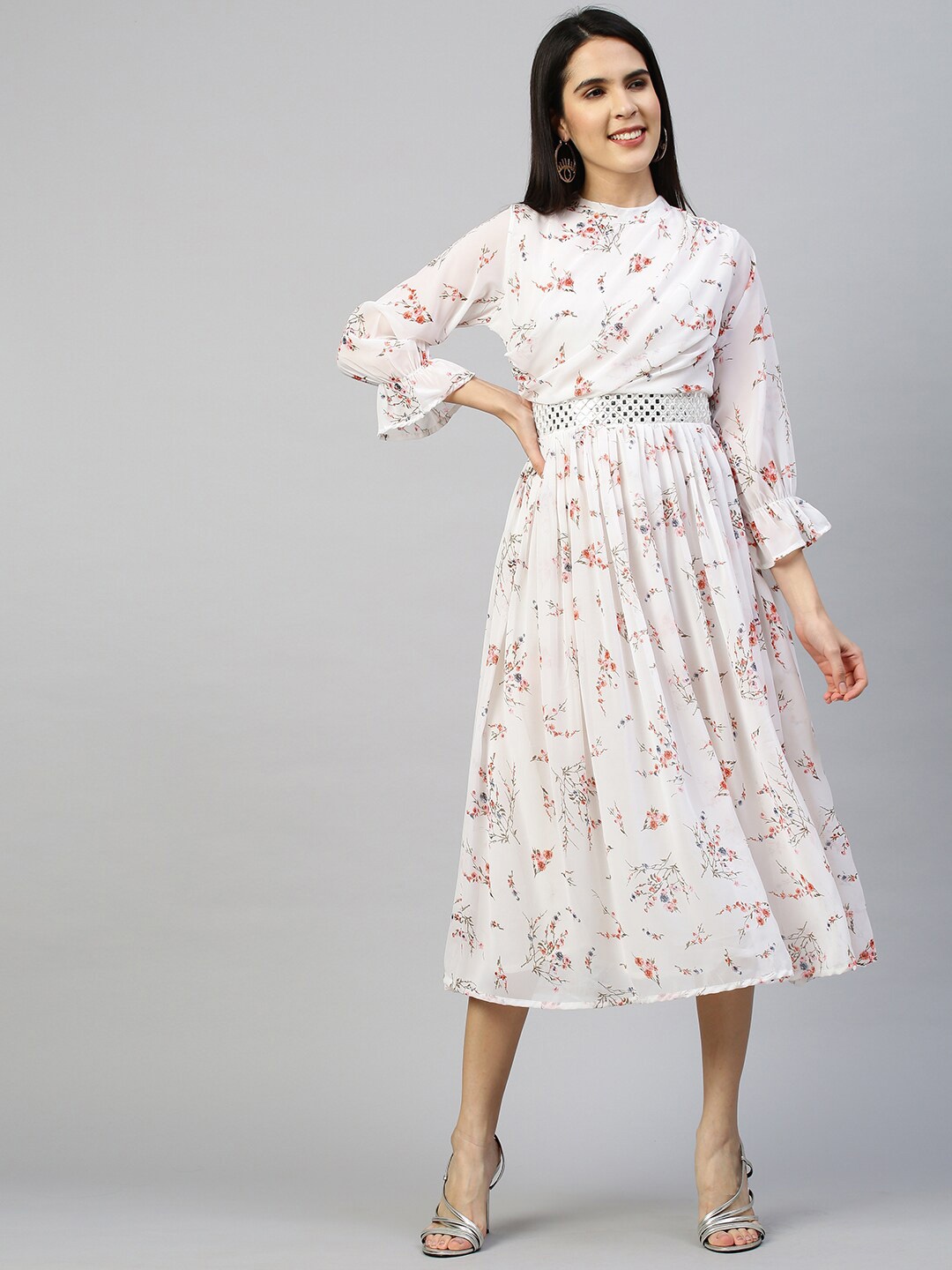 

FASHOR White Floral Printed & Embellished Georgette Midi Dress