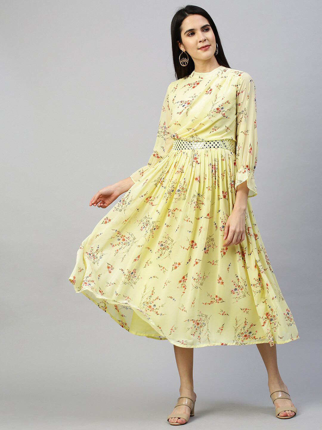 

FASHOR Yellow & Red Floral Georgette Midi Dress