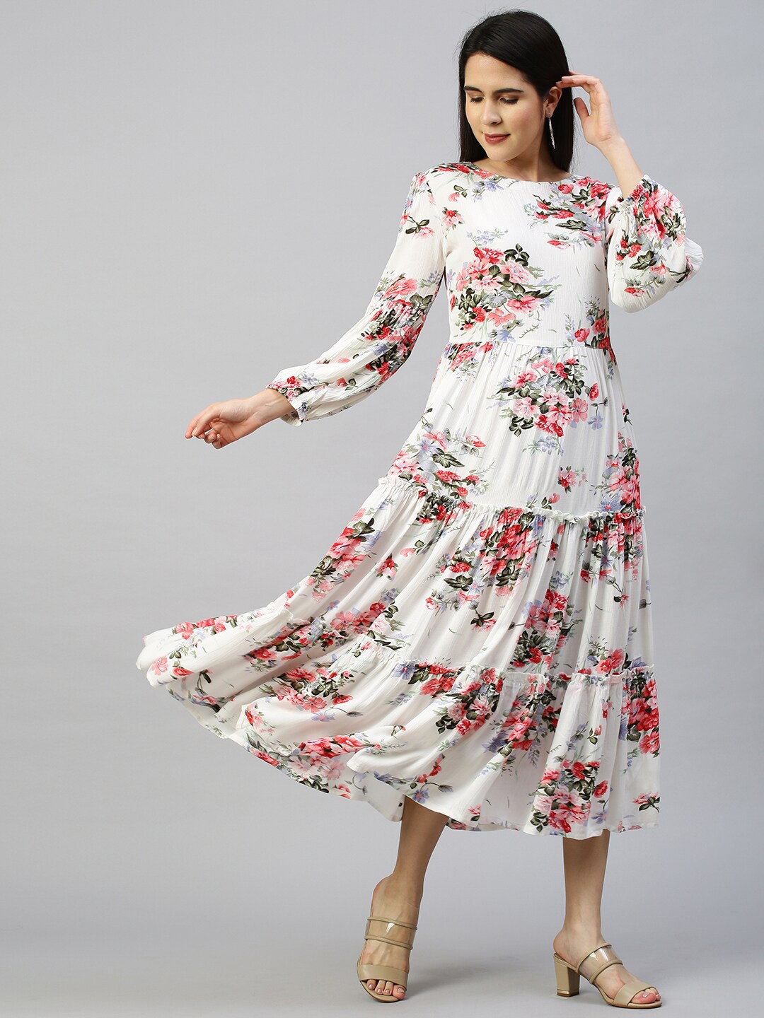 

FASHOR White & Red Floral Crepe A-Line Midi Dress