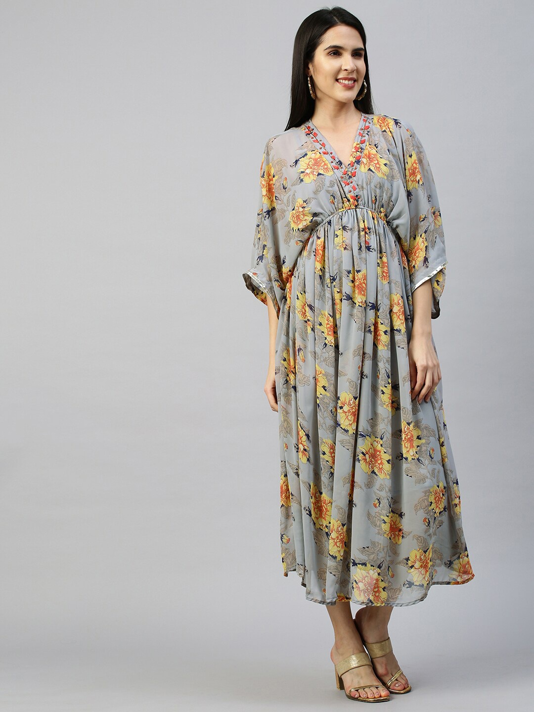 

FASHOR Grey Floral Georgette Empire Midi Dress