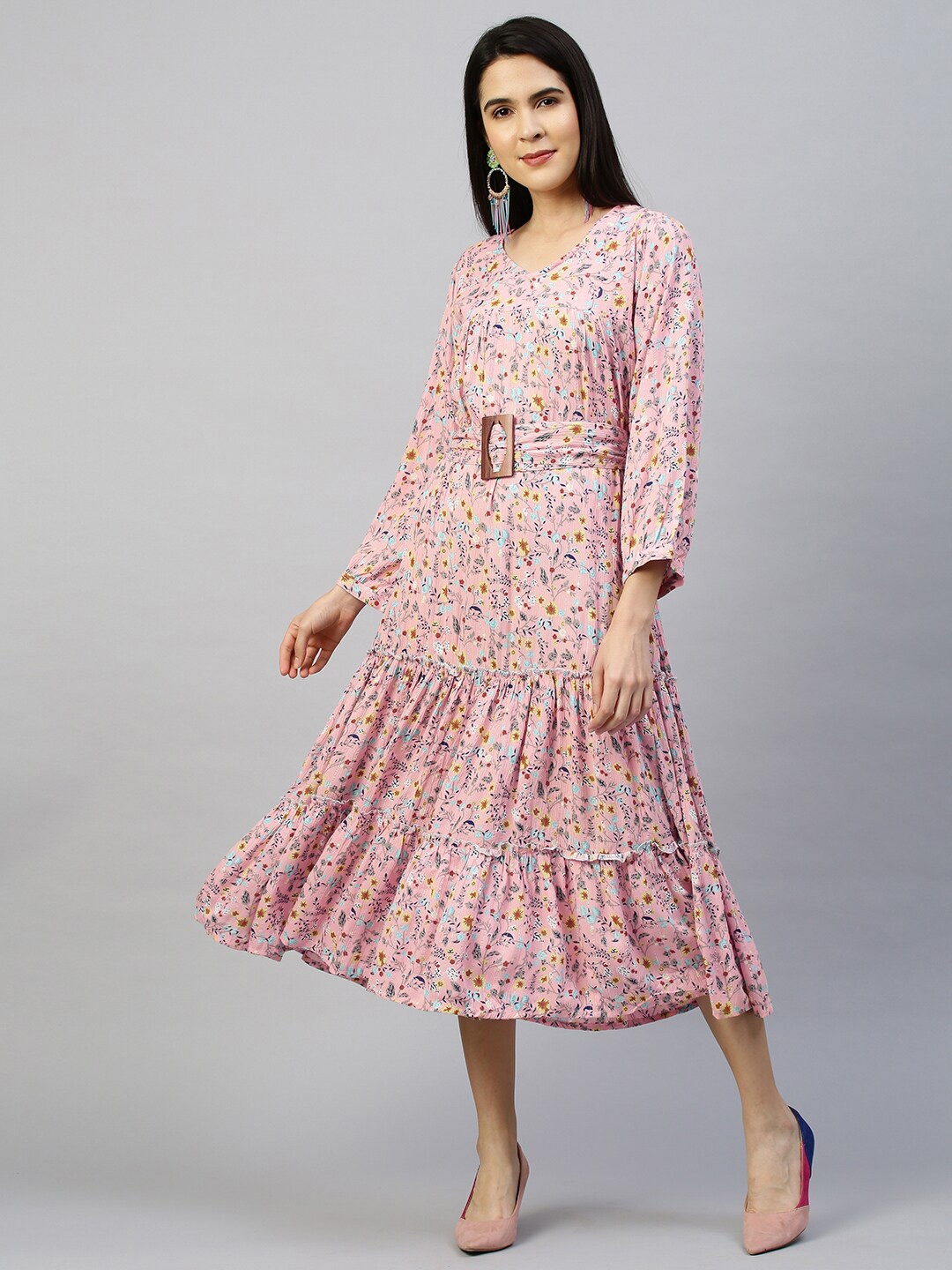 

FASHOR Pink Floral Crepe A-Line Midi Dress