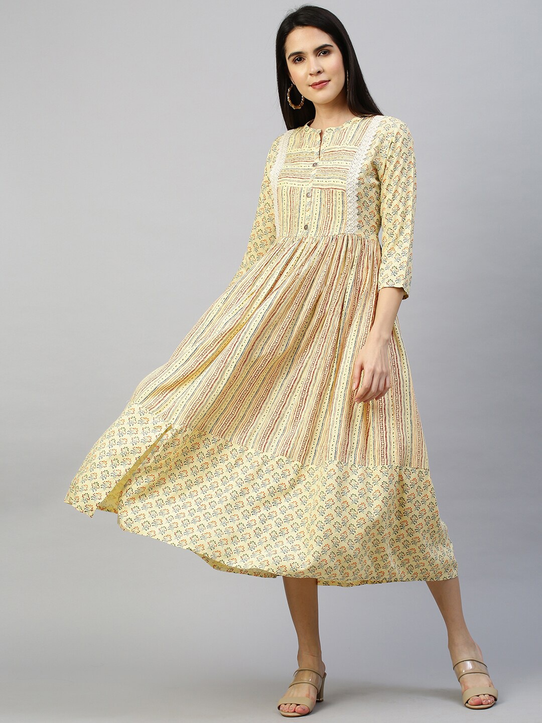 

FASHOR Yellow Ethnic Motifs Midi Dress