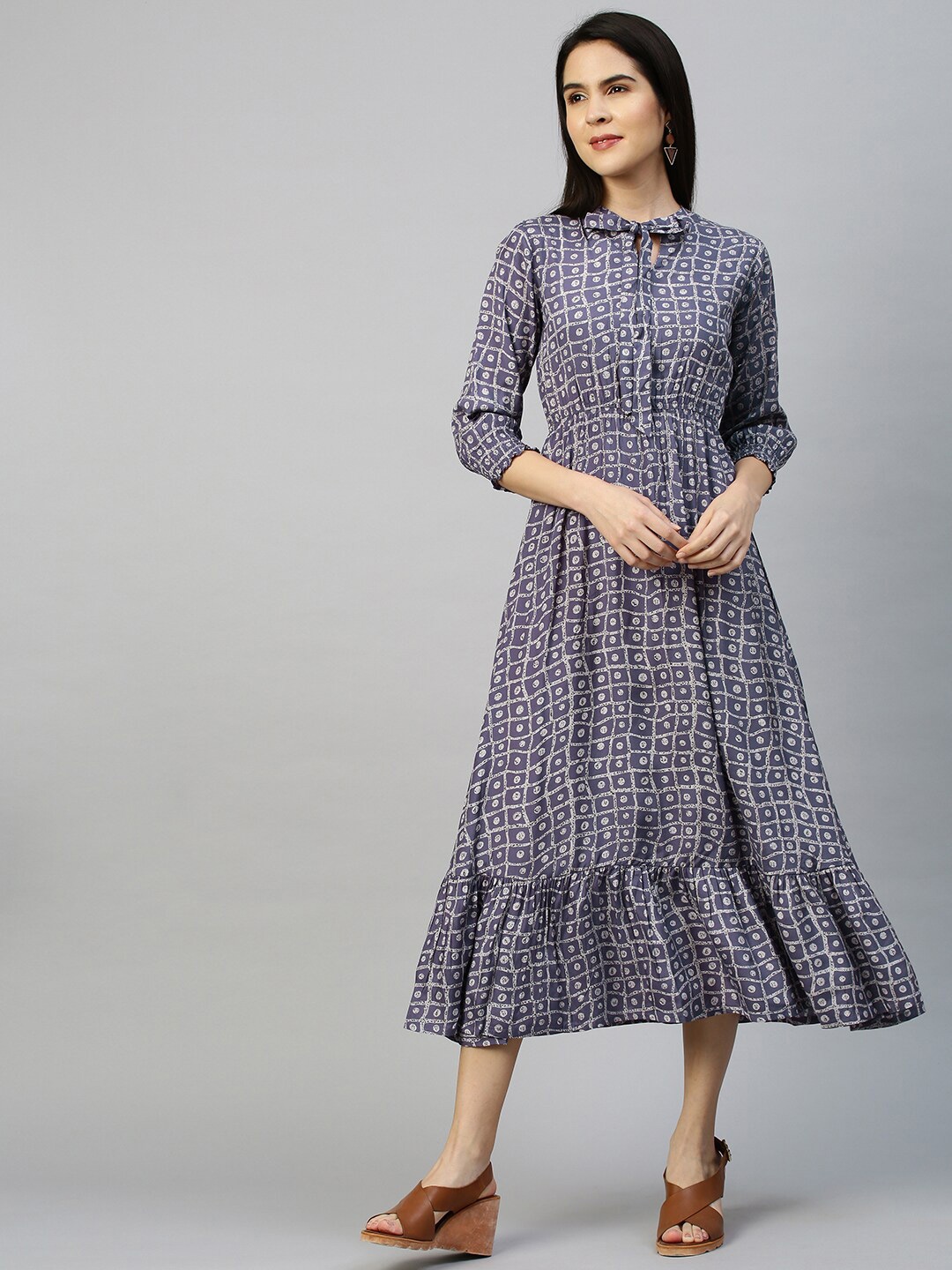 

FASHOR Purple Tie-Up Neck Ethnic Jaal Printed A-Line Midi Dress