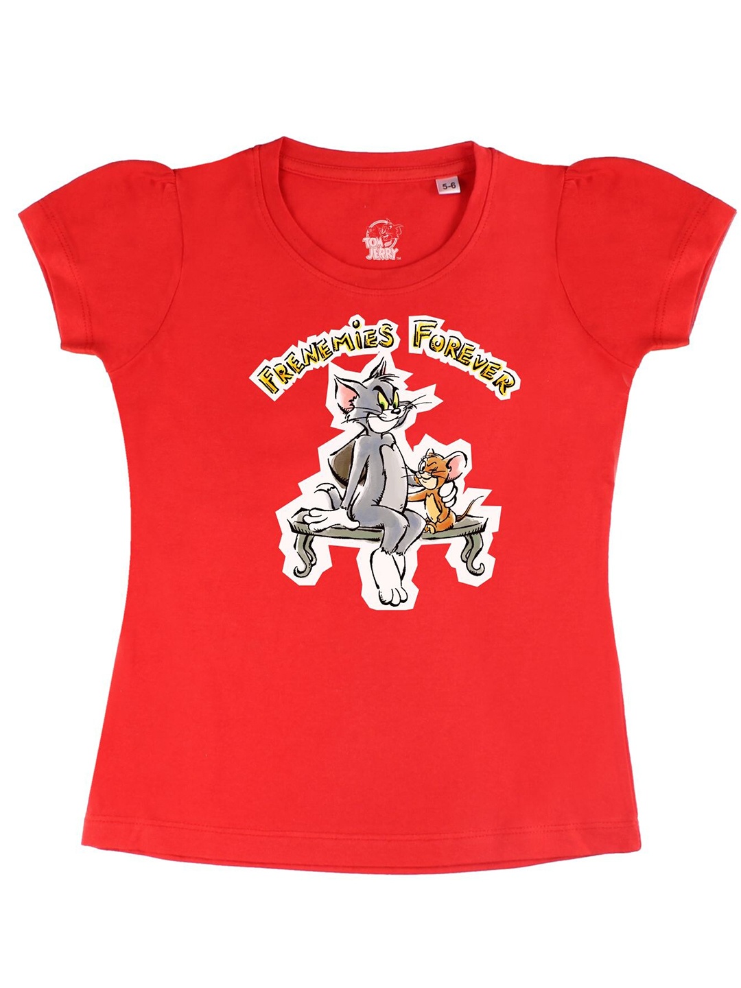 

Tom & Jerry by Wear Your Mind Girls Red & Grey Printed Puff Sleeves T-shirt