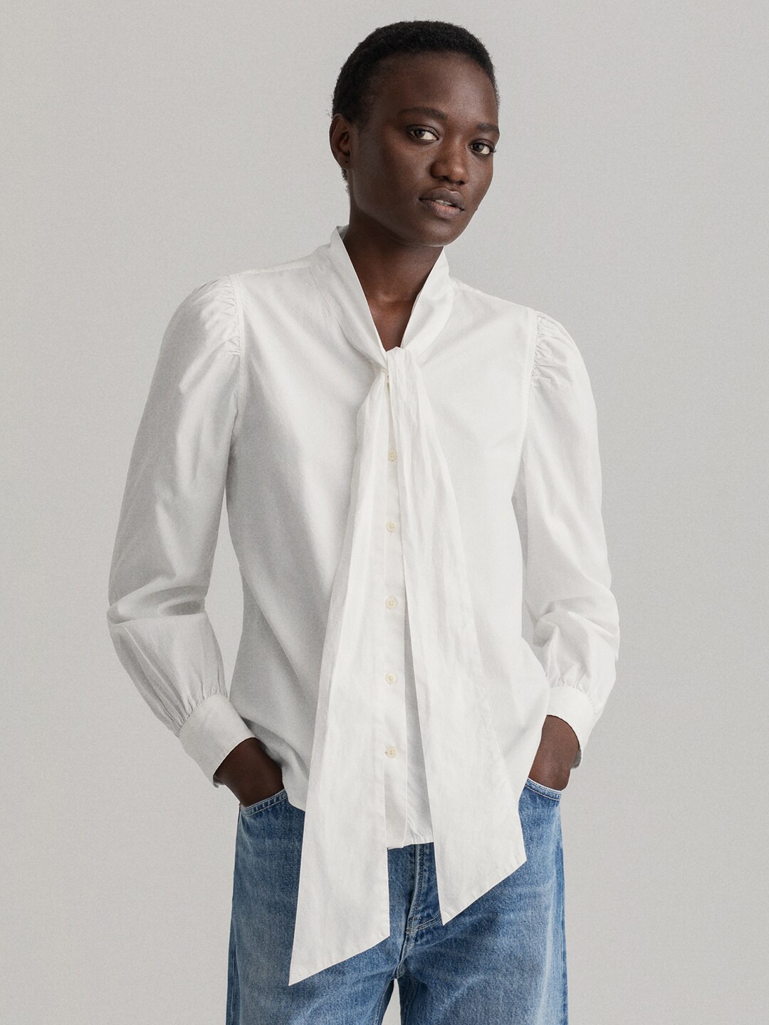 

GANT White Tie-Up Neck Cuffed Sleeves Pure Cotton Shirt Style Top