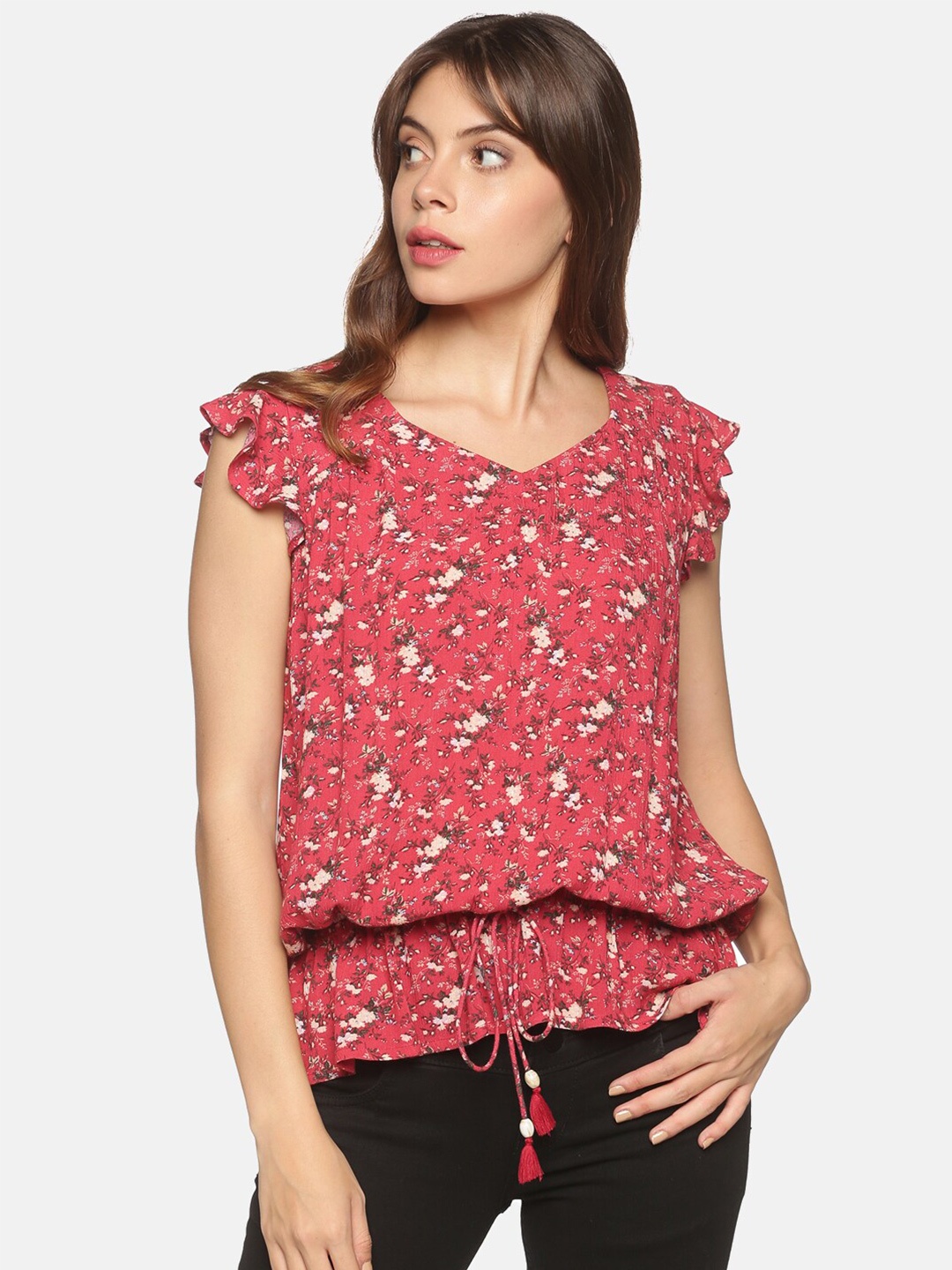 

Saffron Threads Red & White Floral Print Blouson Top