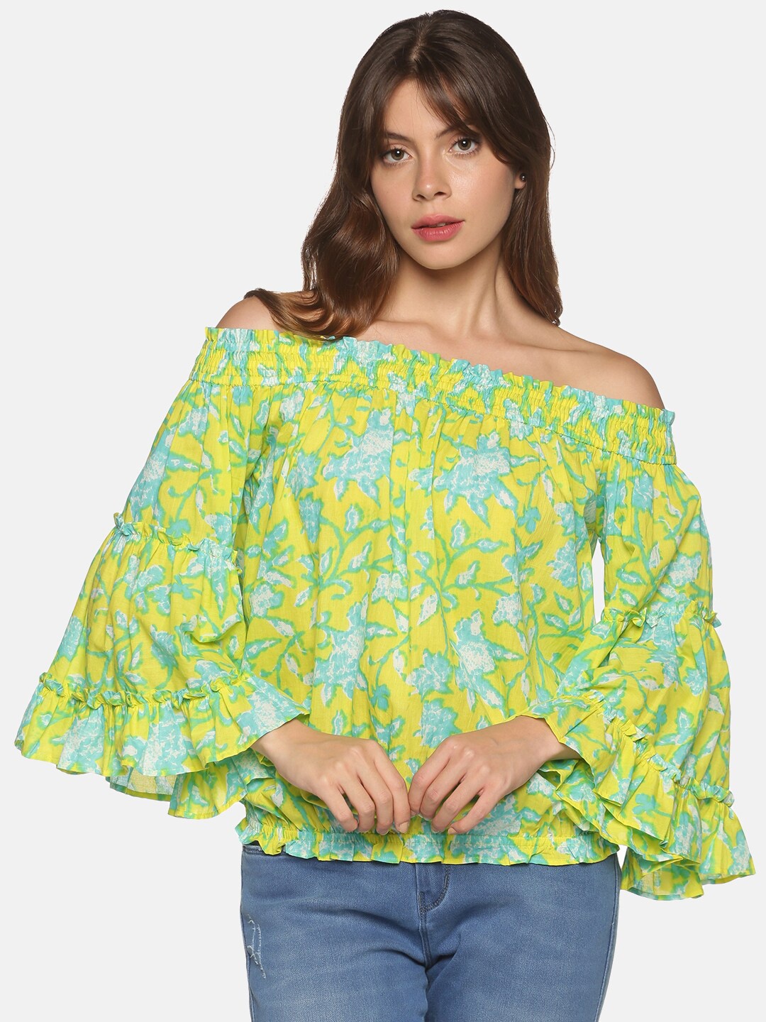 

Saffron Threads Lime Green Floral Print Off-Shoulder Bohemian Bardot Top