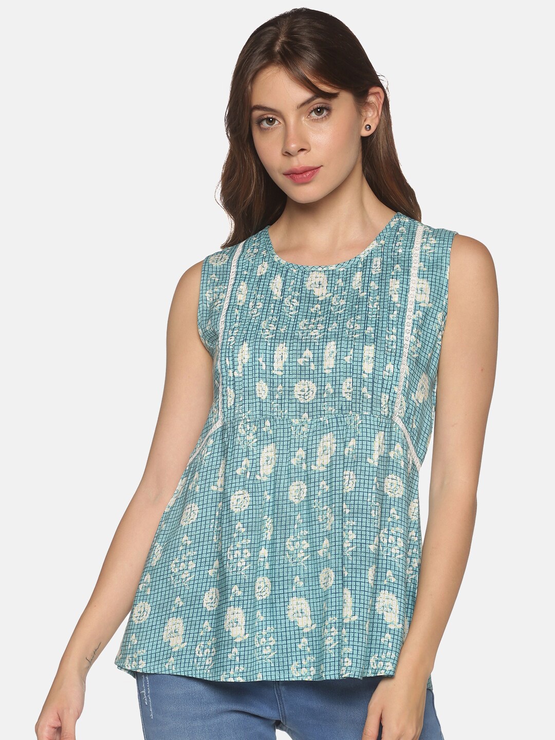 

Saffron Threads Blue Floral Printed Lace Regular Top