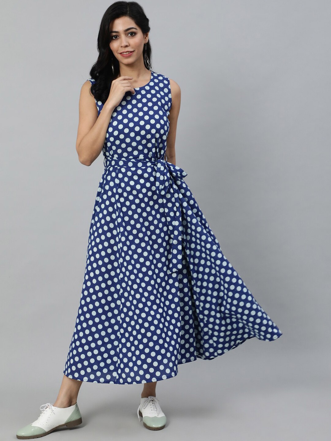 

Nayo Blue & White Crepe Midi Belted Dress