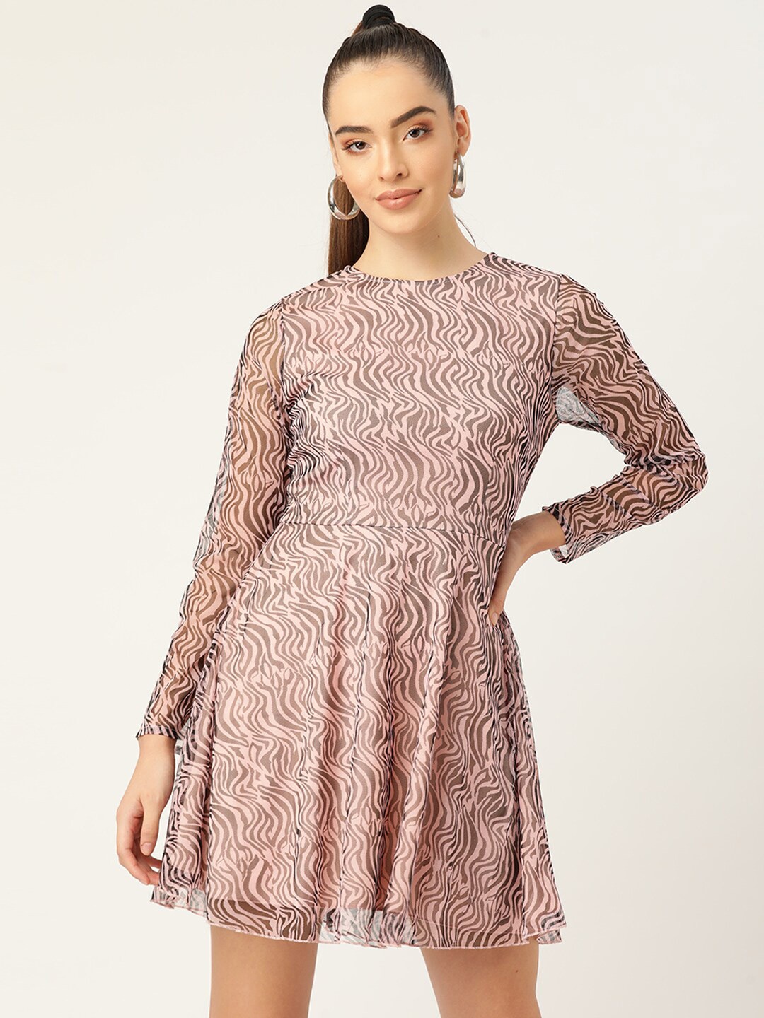 

DODO & MOA Women Pink & Black Animal Printed Round Neck Net Fit & Flare Dress