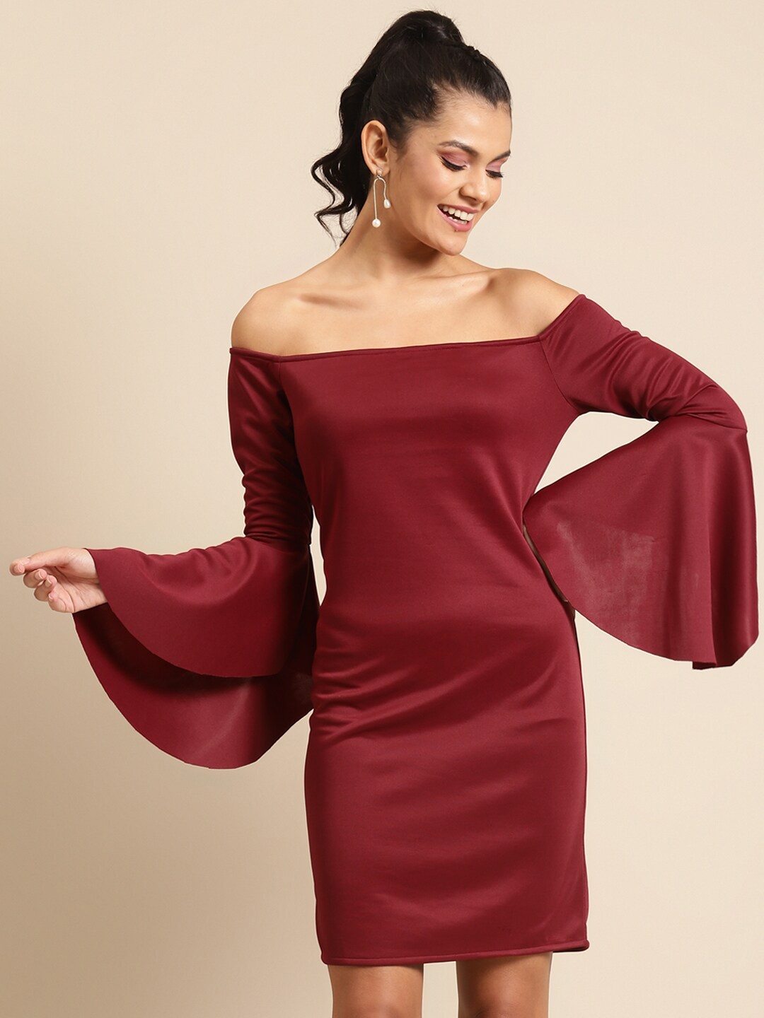 

DODO & MOA Maroon Off-Shoulder Scuba Sheath Dress