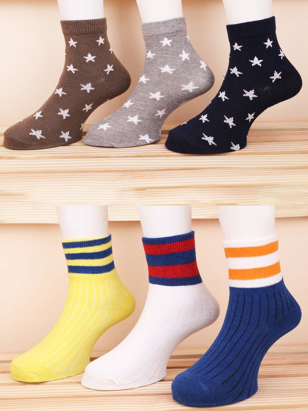 

FOOTPRINT 6 Pairs Infant Kids Patterned Ankle-Length Organic Cotton Socks, Grey
