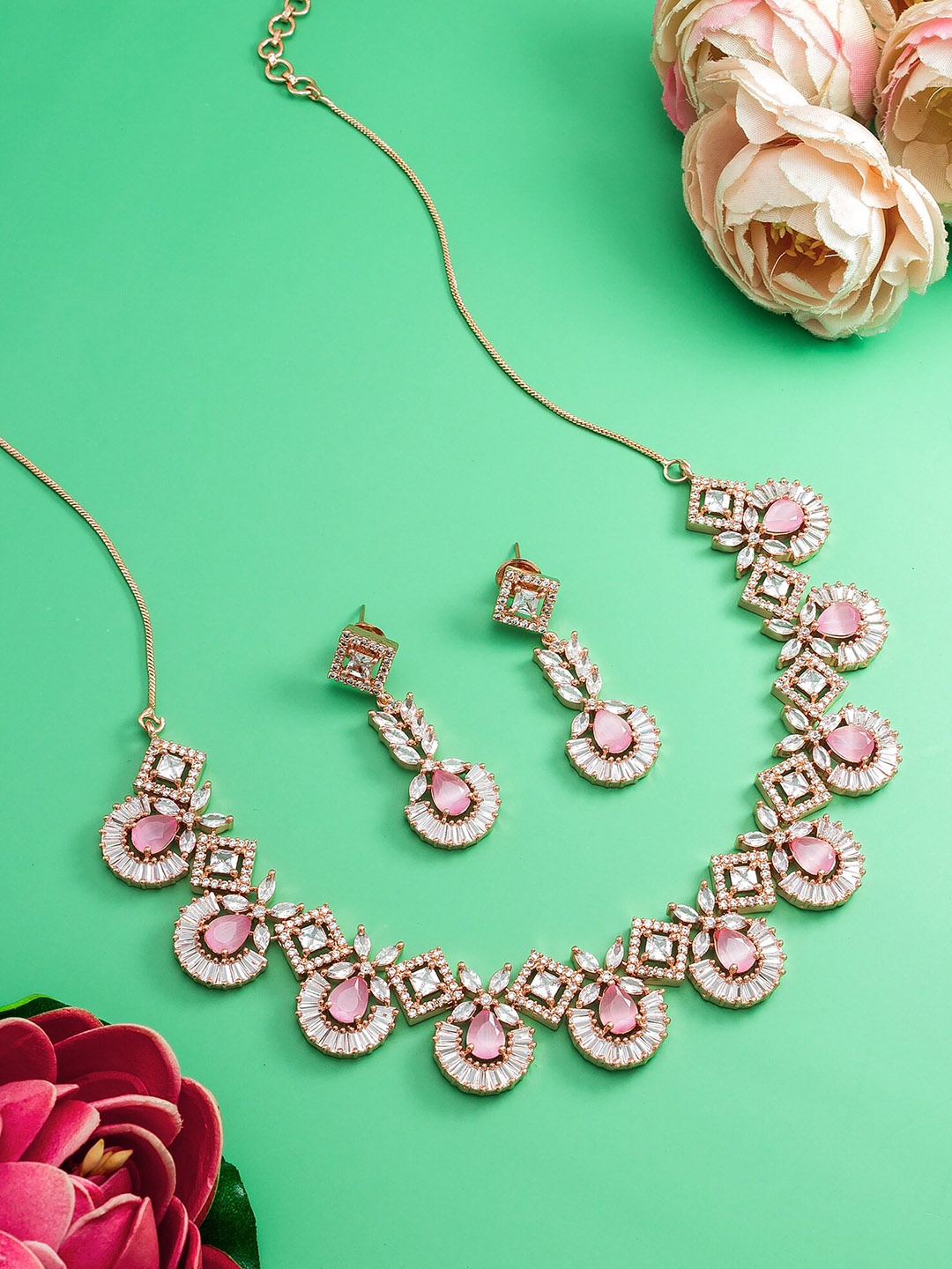 

aadita Rose-Gold Plated White AD Studded Necklace Set