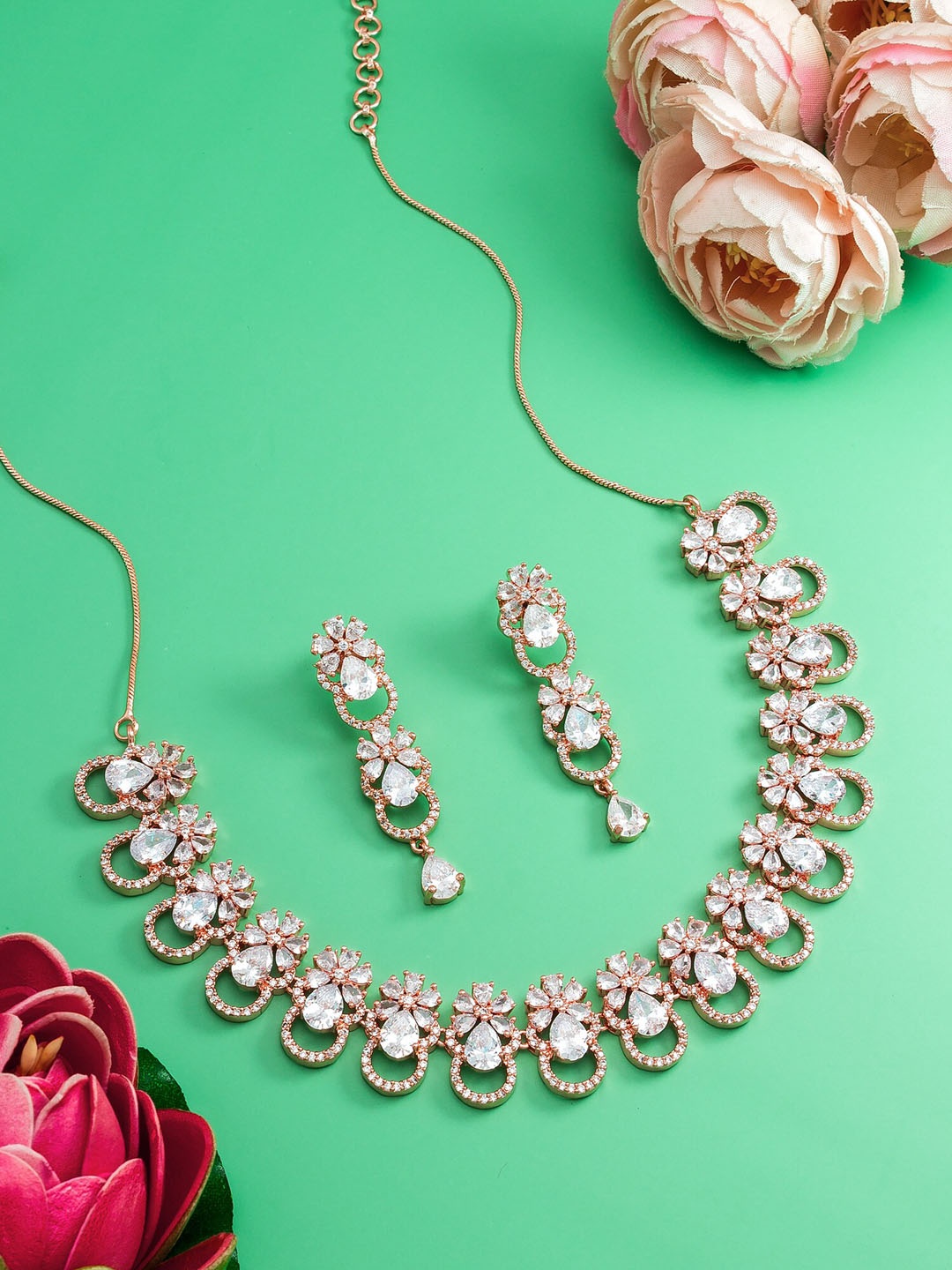 

aadita Rose Gold-Plated White AD-Studded Jewellery Set